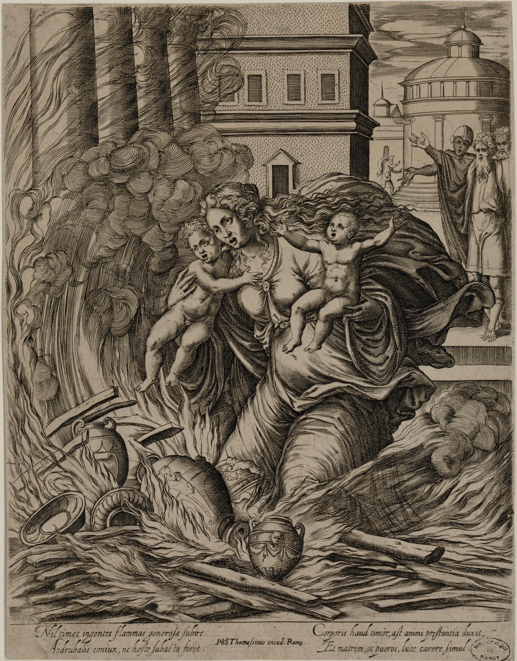 Asdrubal's wife throwing herself with her two children into the funeral pyre