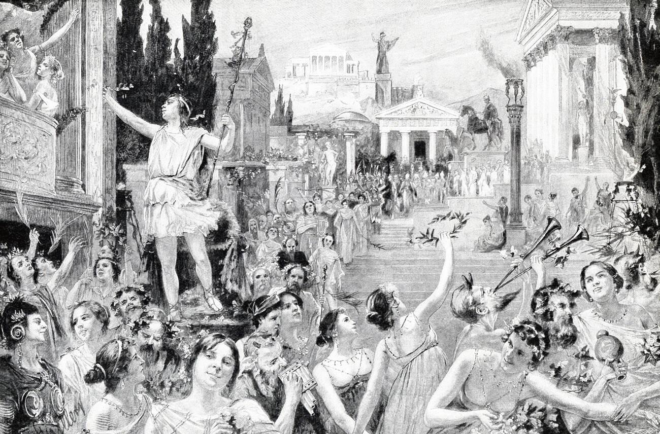 Peisistratus returns triumphantly from exile to Athens, Greece, and is welcomed by the people.
