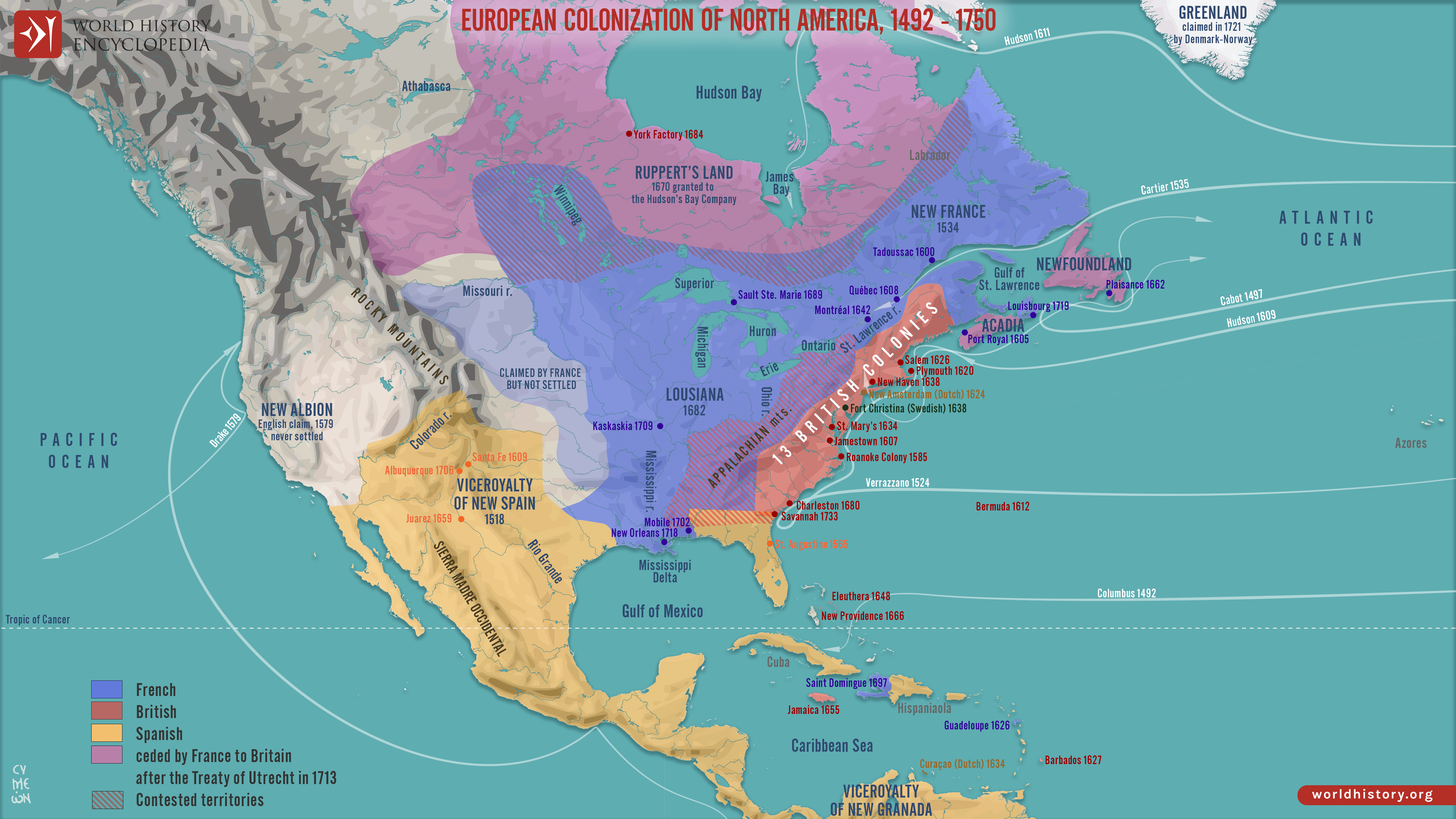 Map of the European Colonization of North America