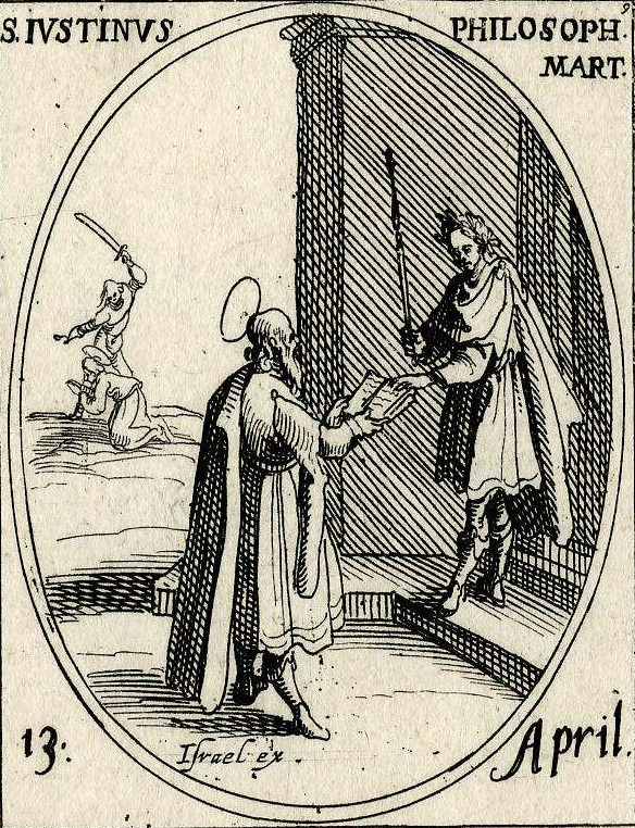 A bearded Justin Martyr presenting an open book to a Roman emperor