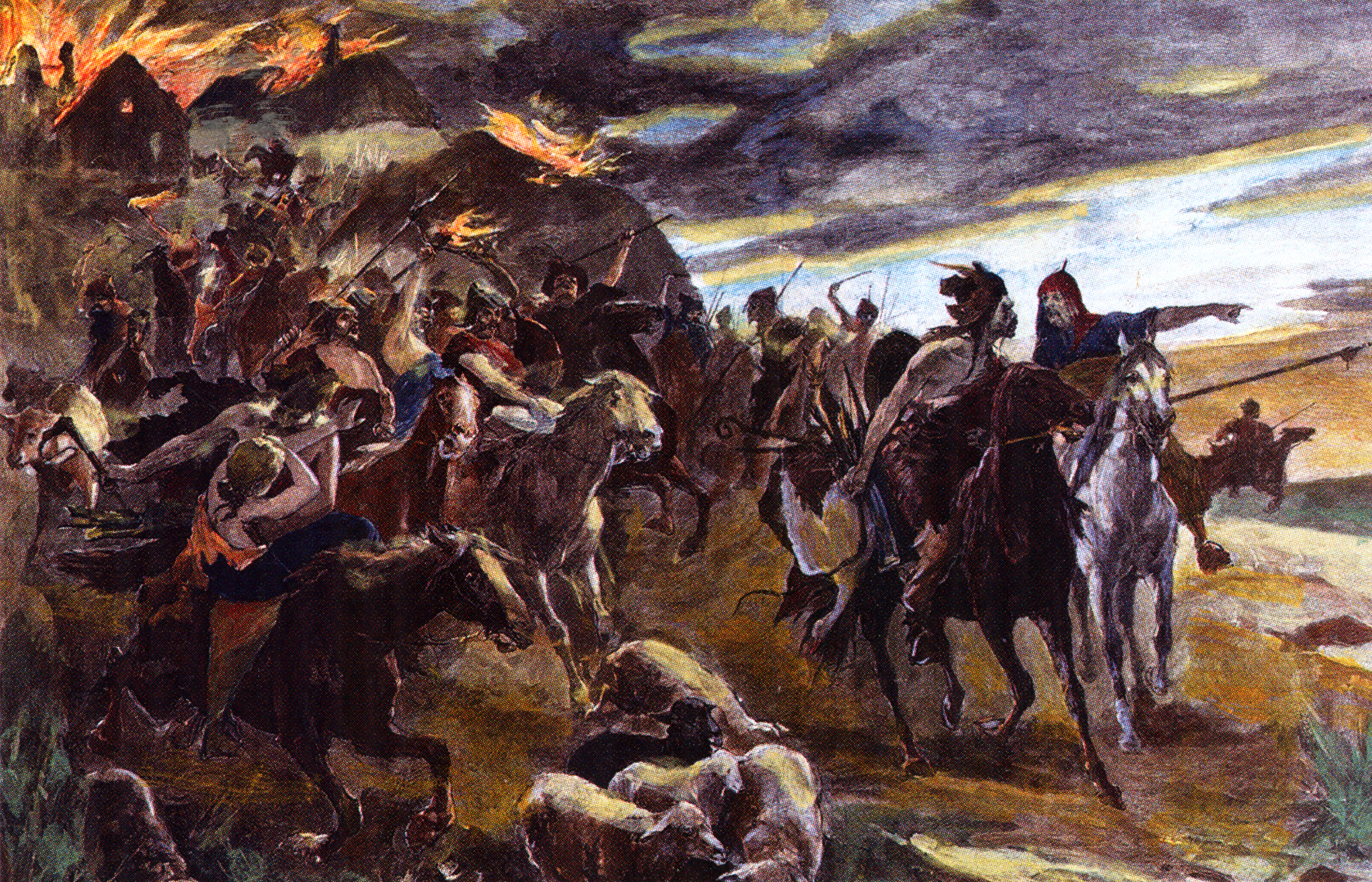 Hun warriors. Colored engraving from 1890, Popular Historia