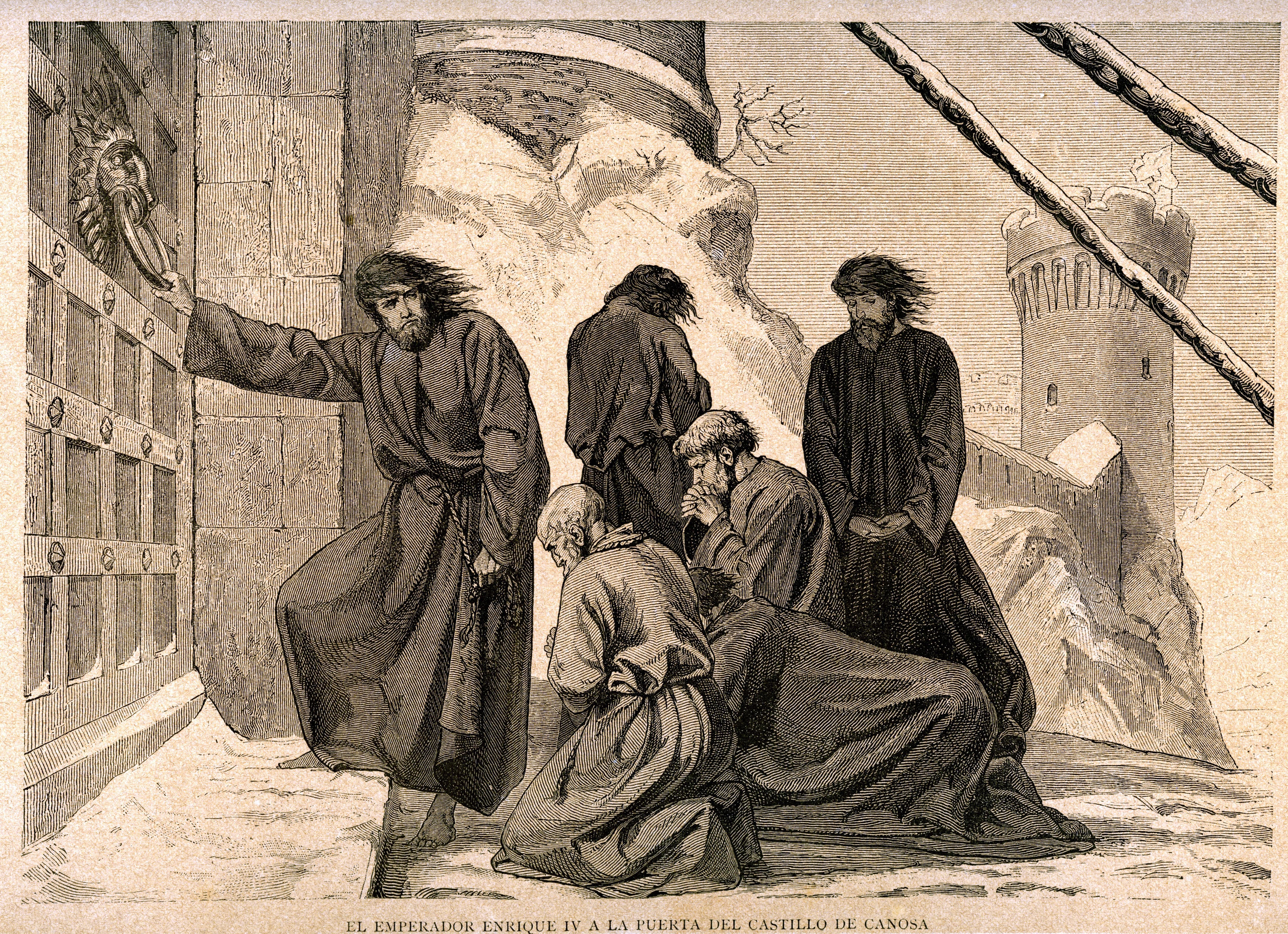 Emperor Henry IV at the door of Canossa Castle