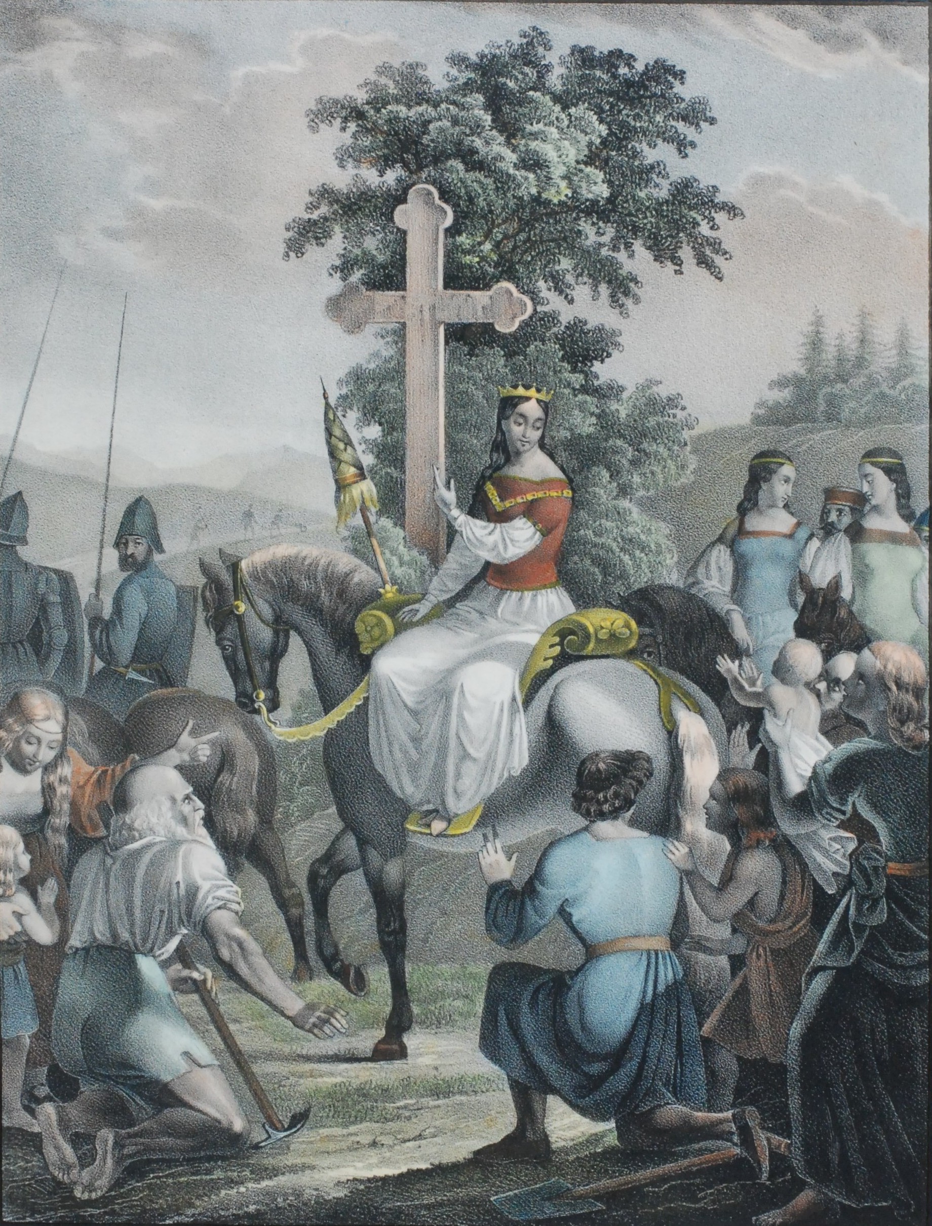 Queen Bertha on horseback with her entourage and points to a cross at the side of the road