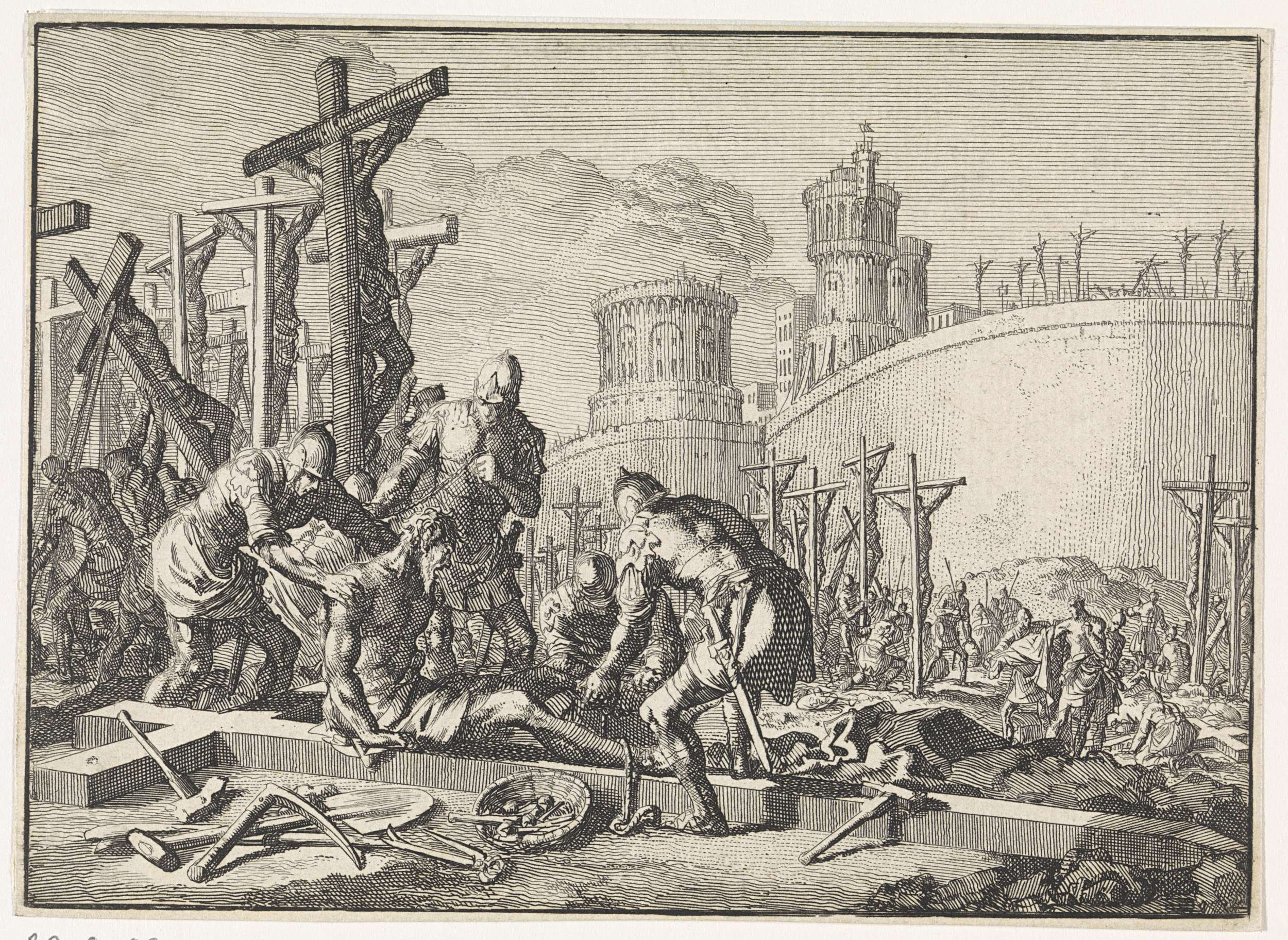 to 9 During the siege of Jerusalem, a number of captive Jews are crucified by the Romans
