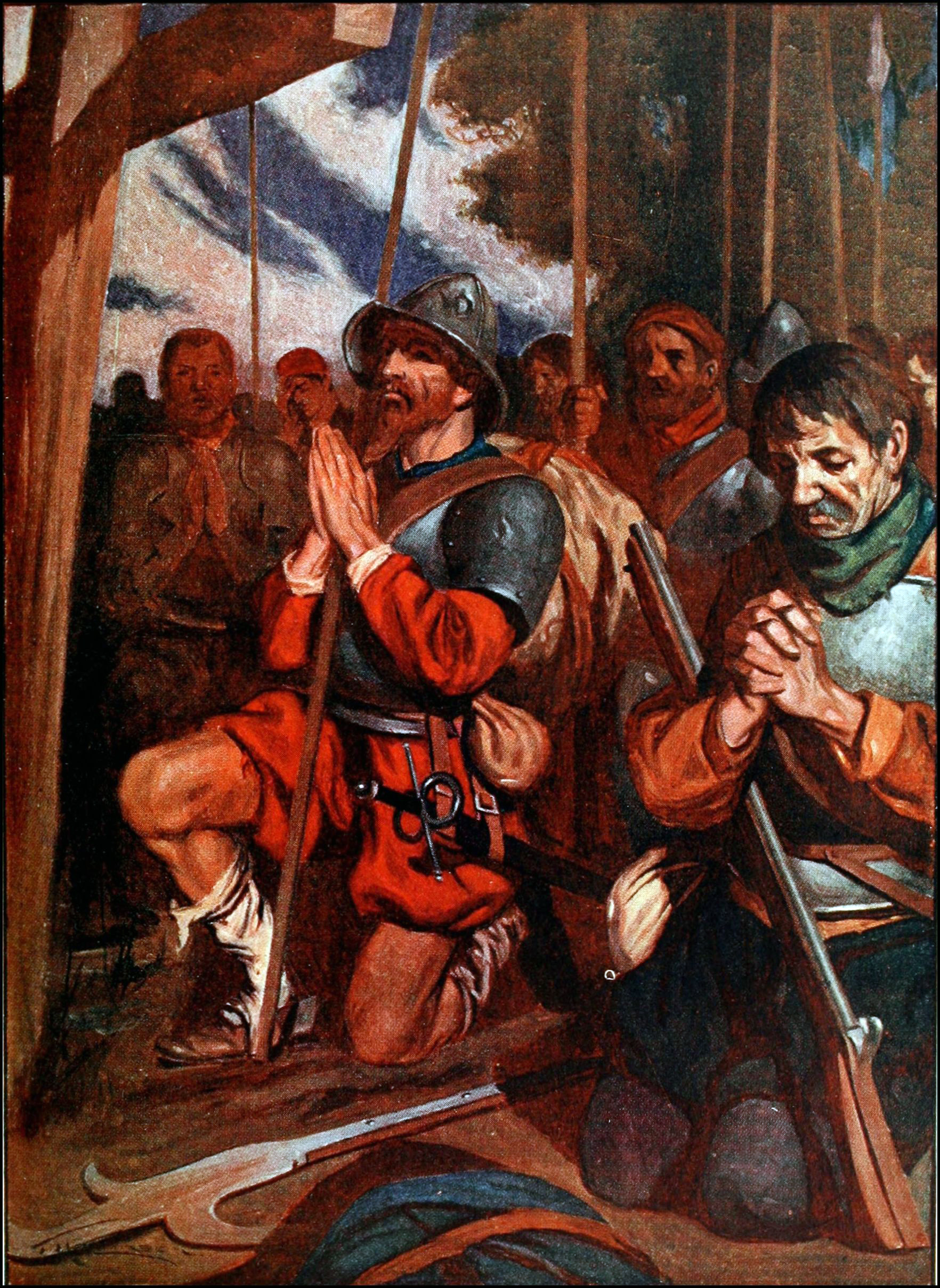 The conquistadors pray before entry to tenochtitlan