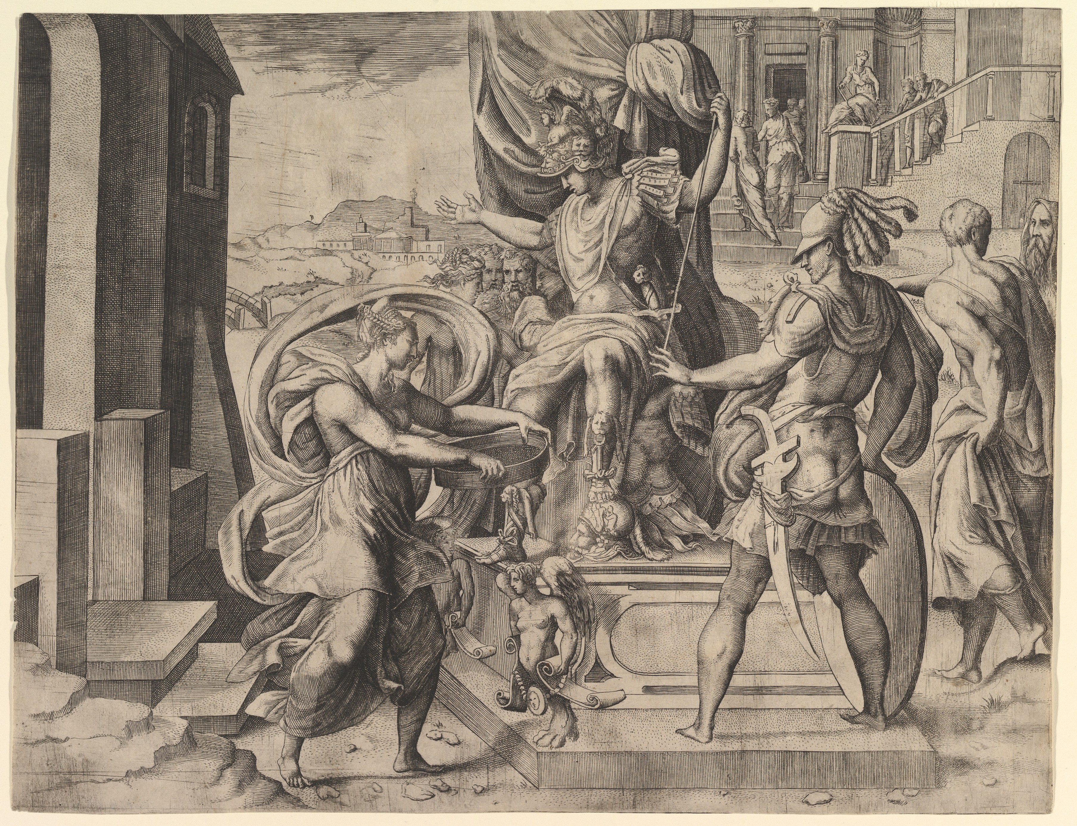 Rome emperor on a throne, vestal virgin Tuccia holding a sieve approaching from the leftGiulio Bonasone