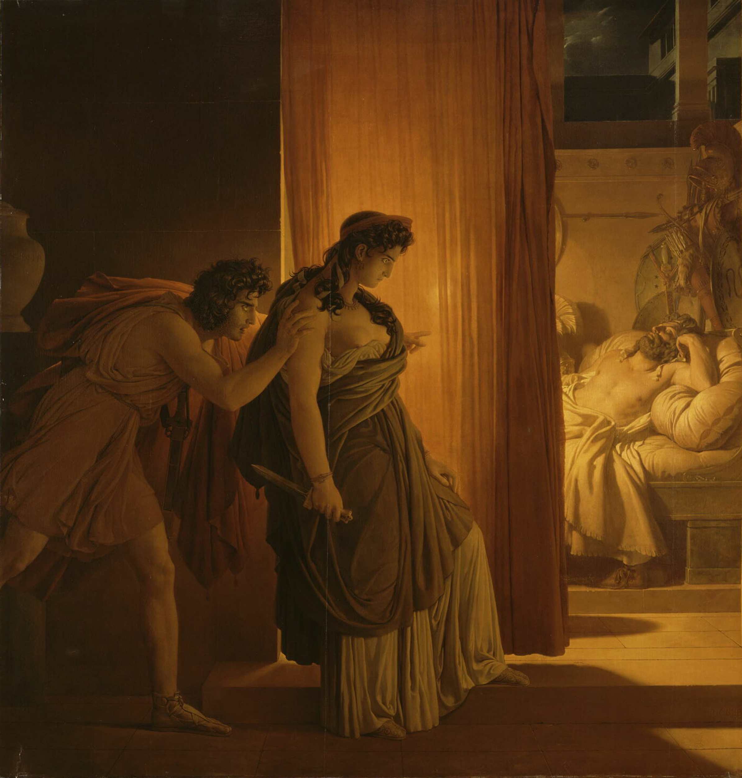Clytemnestra hesitates before killing the sleeping Agamemnon
