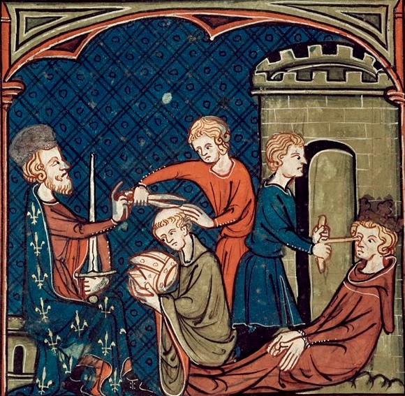 Detail of a miniature of Louis having a prelate degraded and shorn, and Bernard being blinded