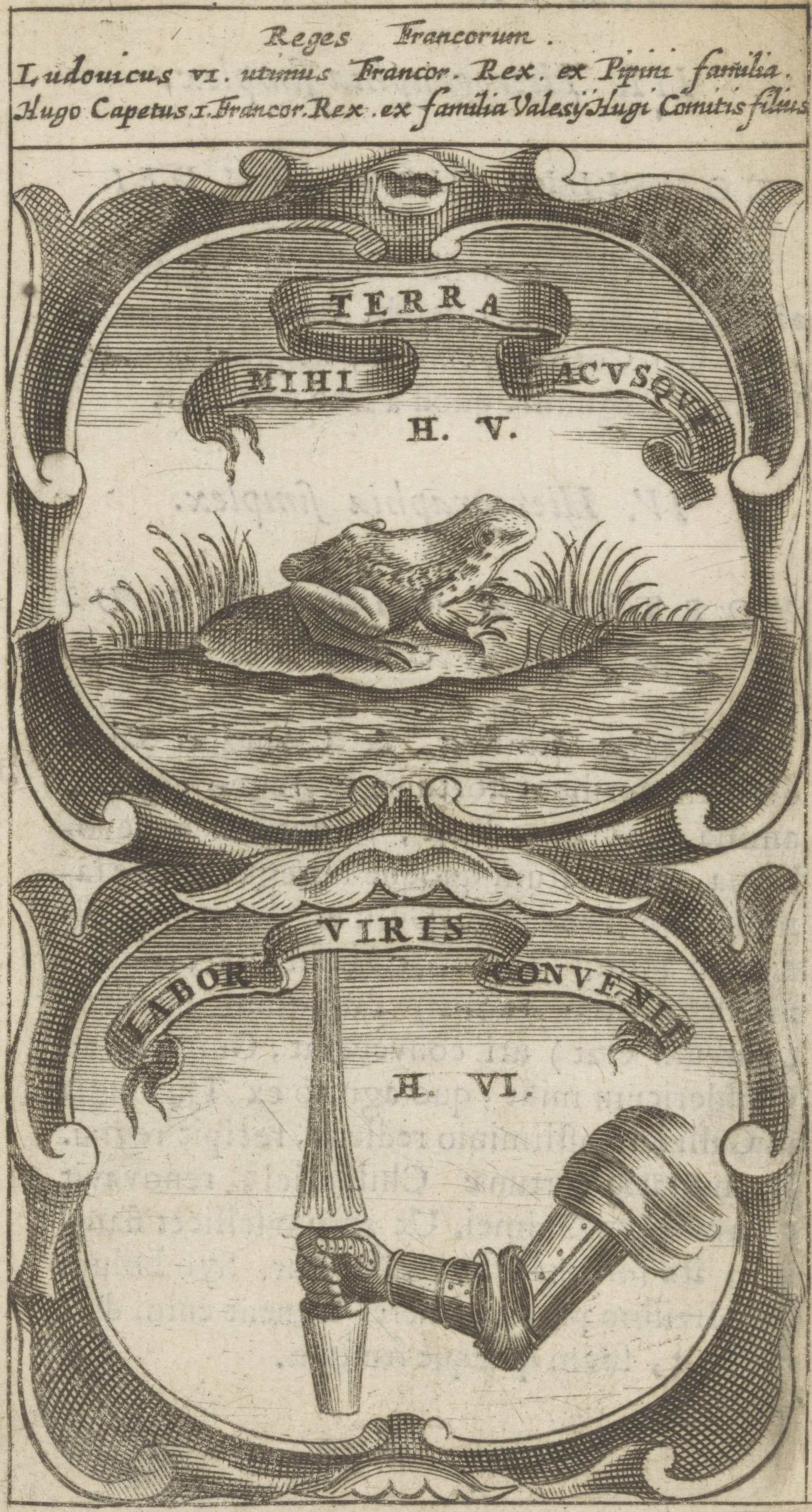 Frog among the grass & Armored arm with lance, mottos of King Louis VI of France and Hugh Capet