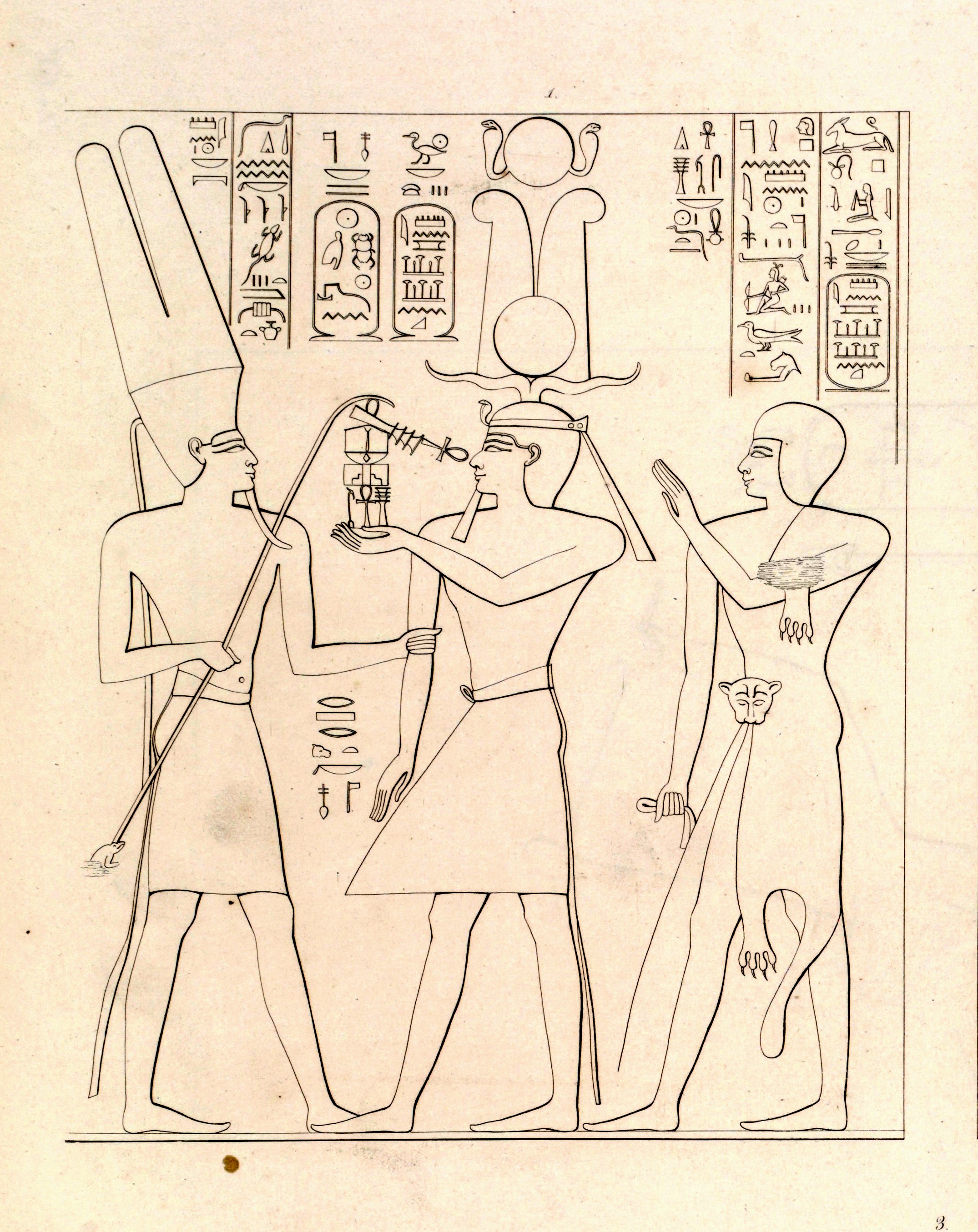 God Amun (L) receives offering from Shoshenq I (m) & son the High Priest of Amun, Iuput (r)