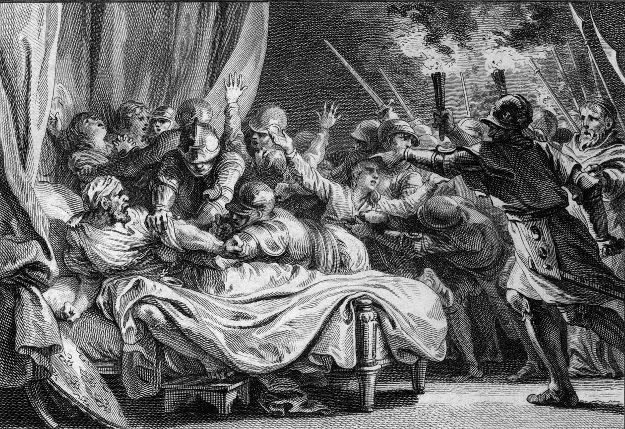 End of the Carolingian dynasty, arrest of Charles, Duke of Lower Lorraine, by Hugues Capet and his army
