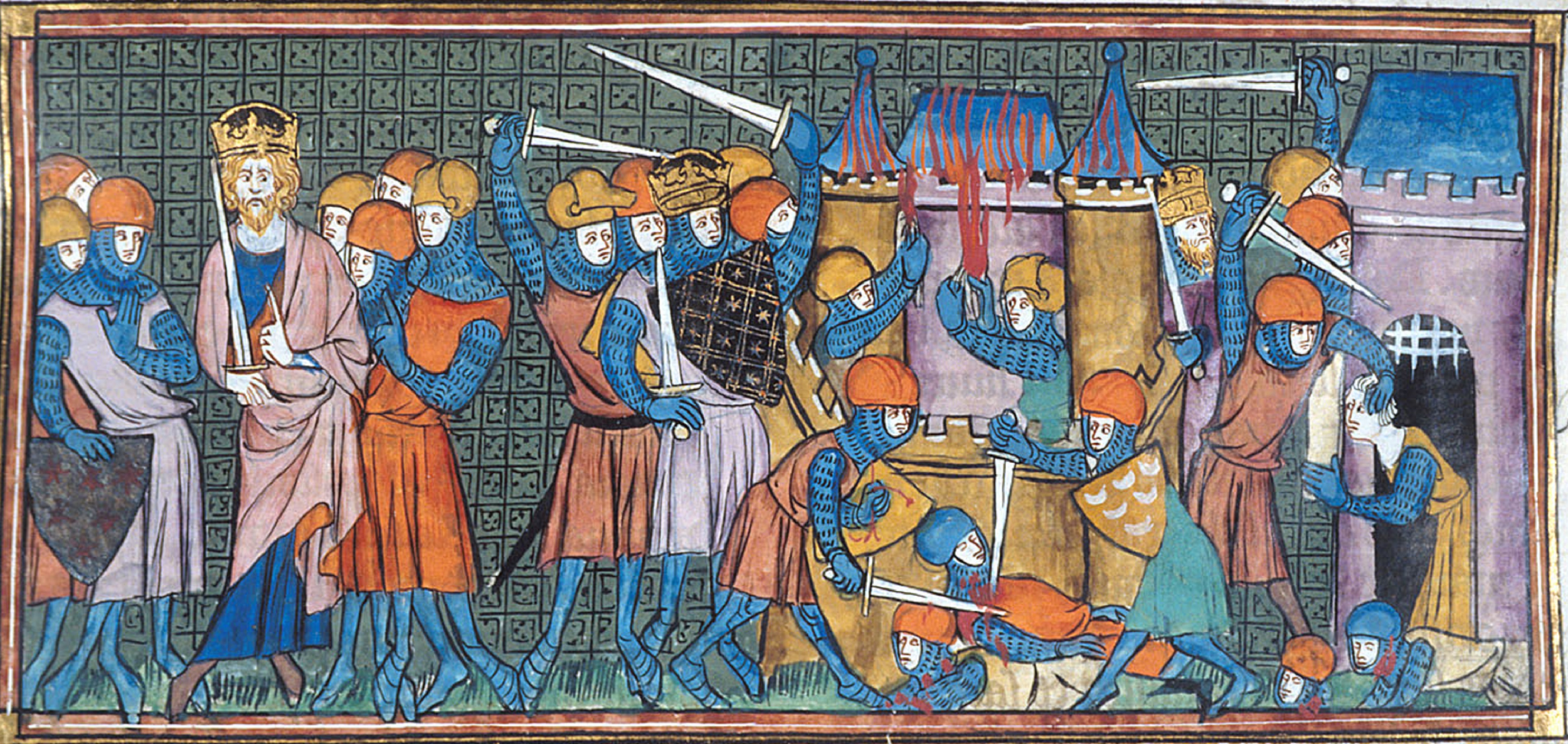 Charlemagne taking 2 castles, from Chroniques de France ou de St Denis, 14th century