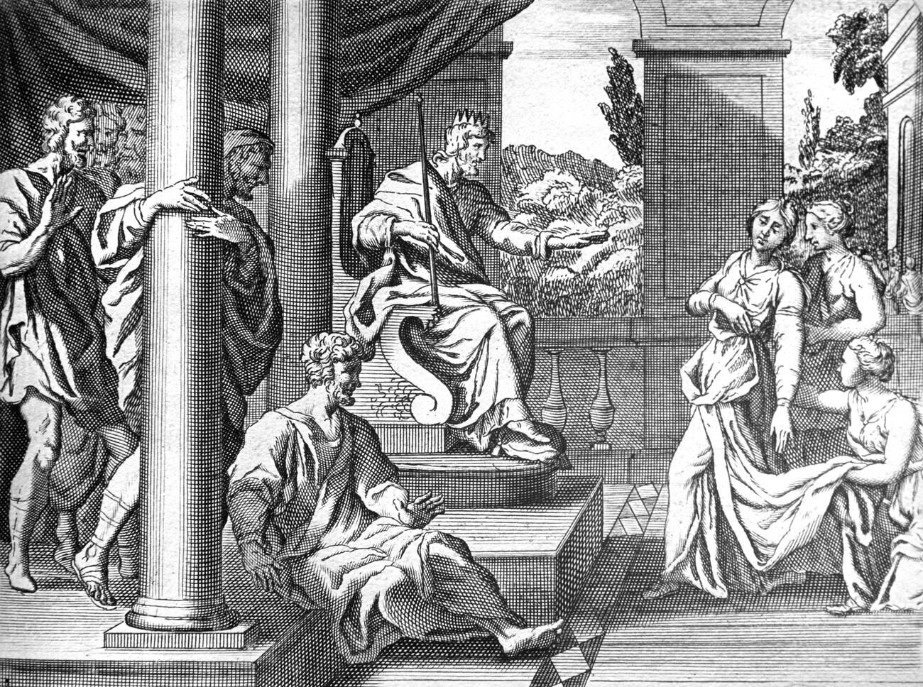 Queen Esther approaches King Ahasuerus without being summoned to plead for her people