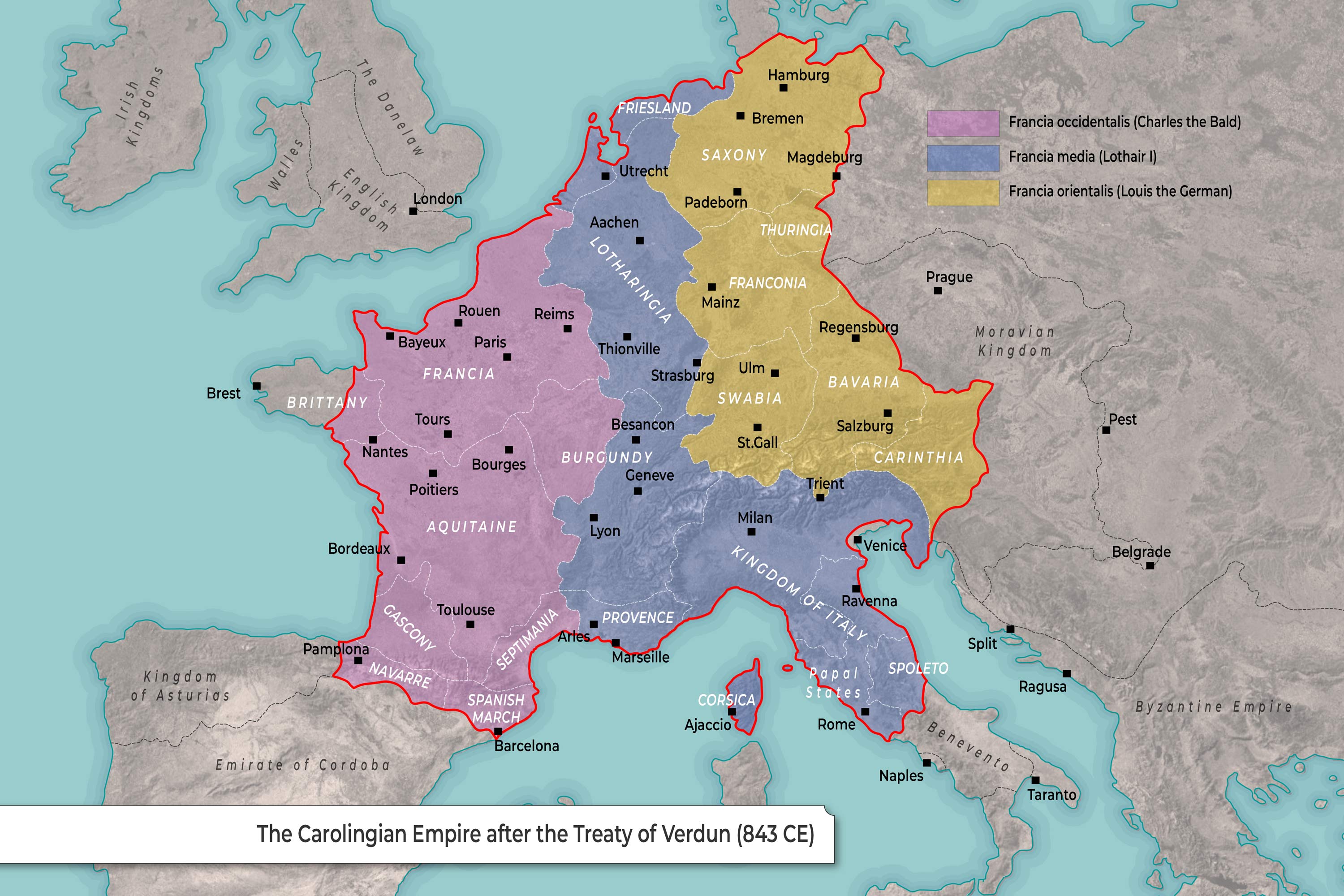 Map of Carolingian Empire_ After the Treaty of Verdun (843 CE)(3000X2000)