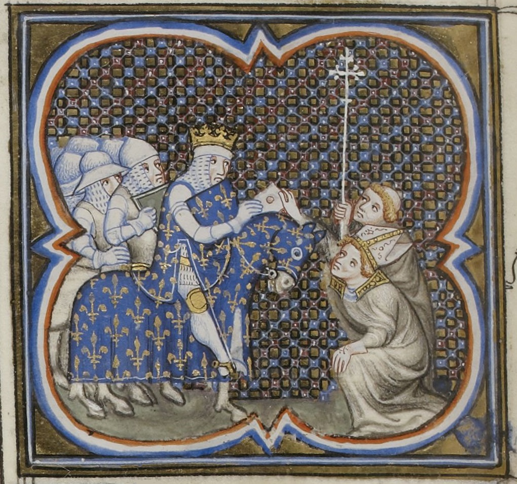 Louis VII begged by Foucher, Patriarch of Jerusalem. Illumination from the Grandes Chroniques de France