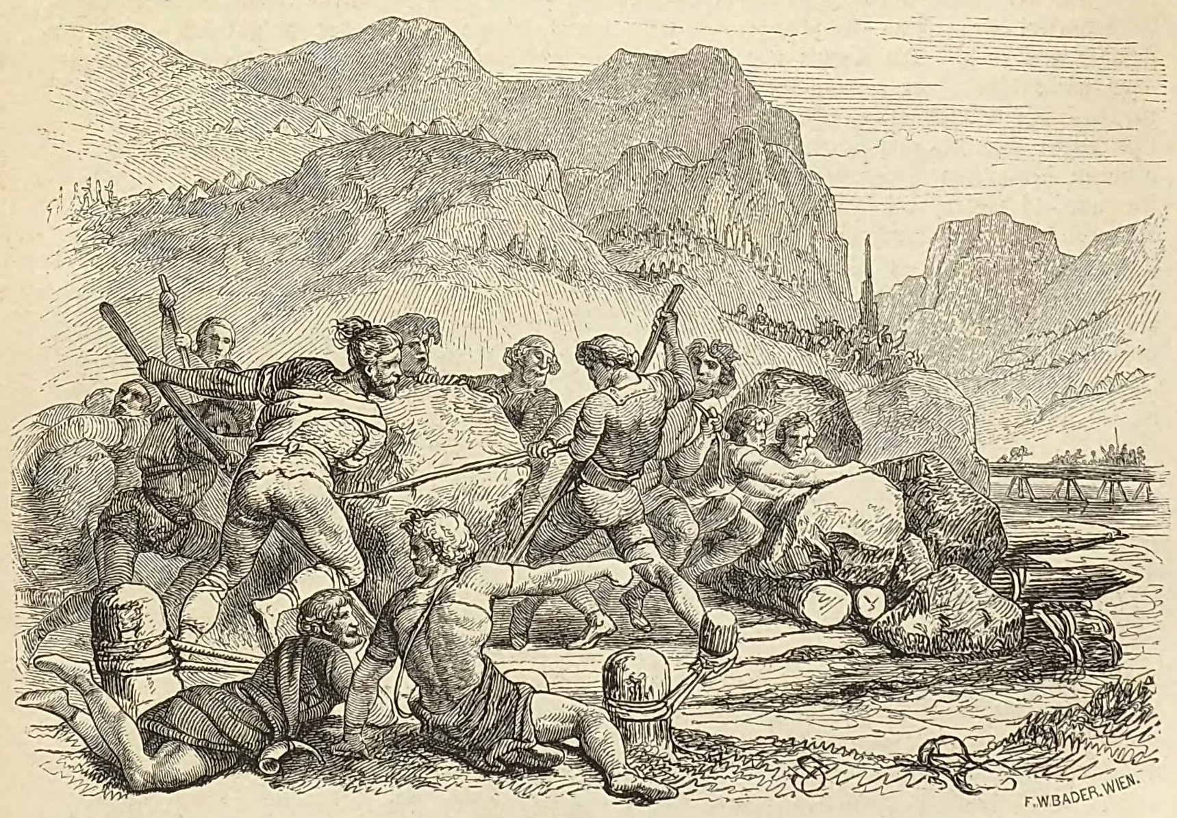 Cimbri destroying the bridge over the Adige River to Trentinum