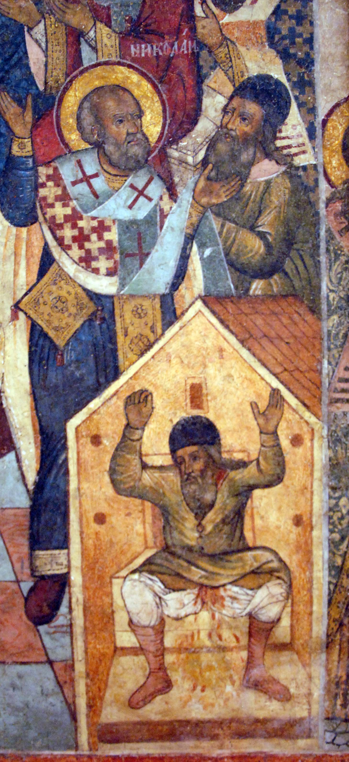 Late medieval Greek Orthodox icon showing Saint Nicholas of Myra slapping Arius at the First Council of Nicaea