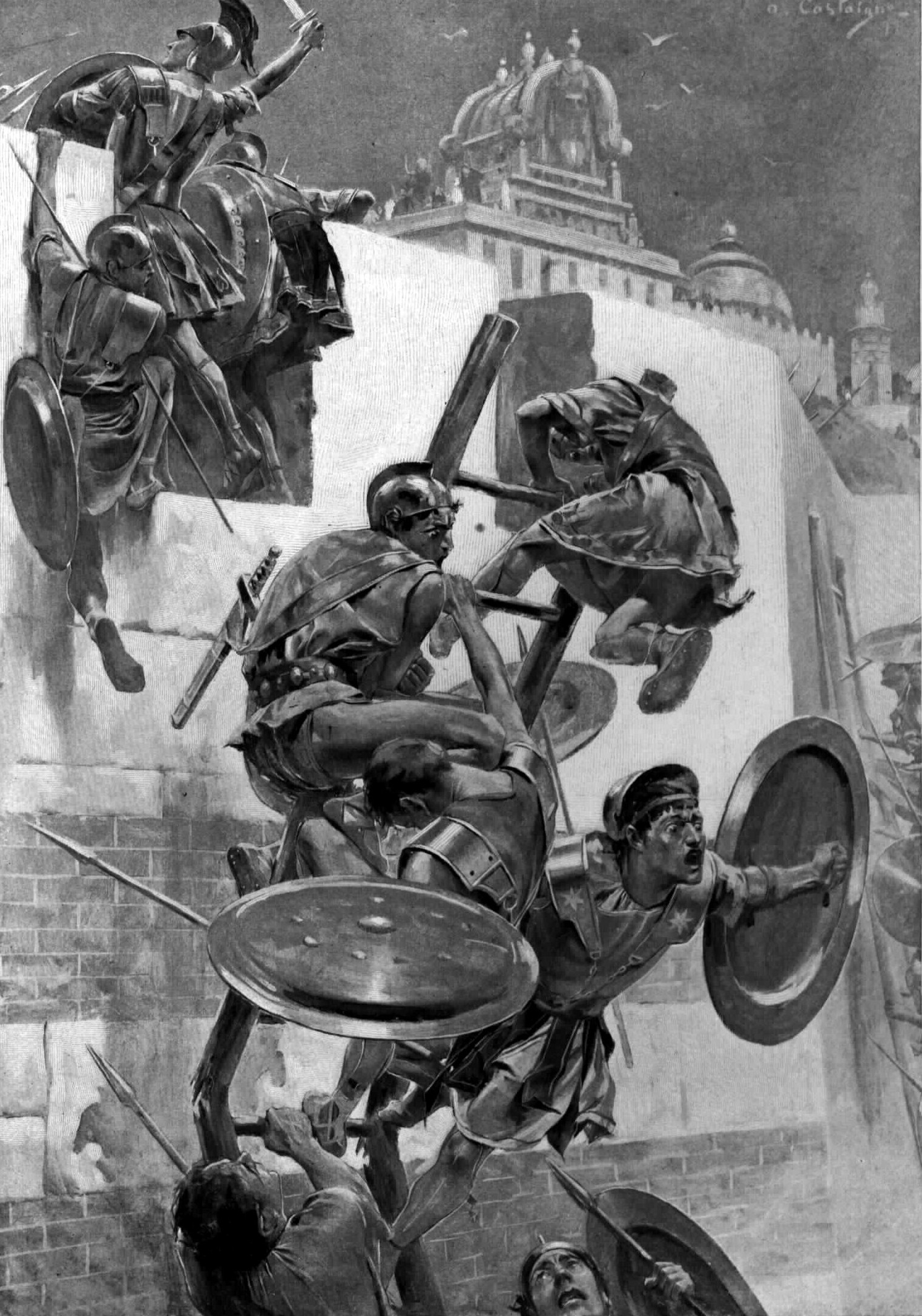 The ladder breaks stranding Alexander and a few companions within the Mallian town