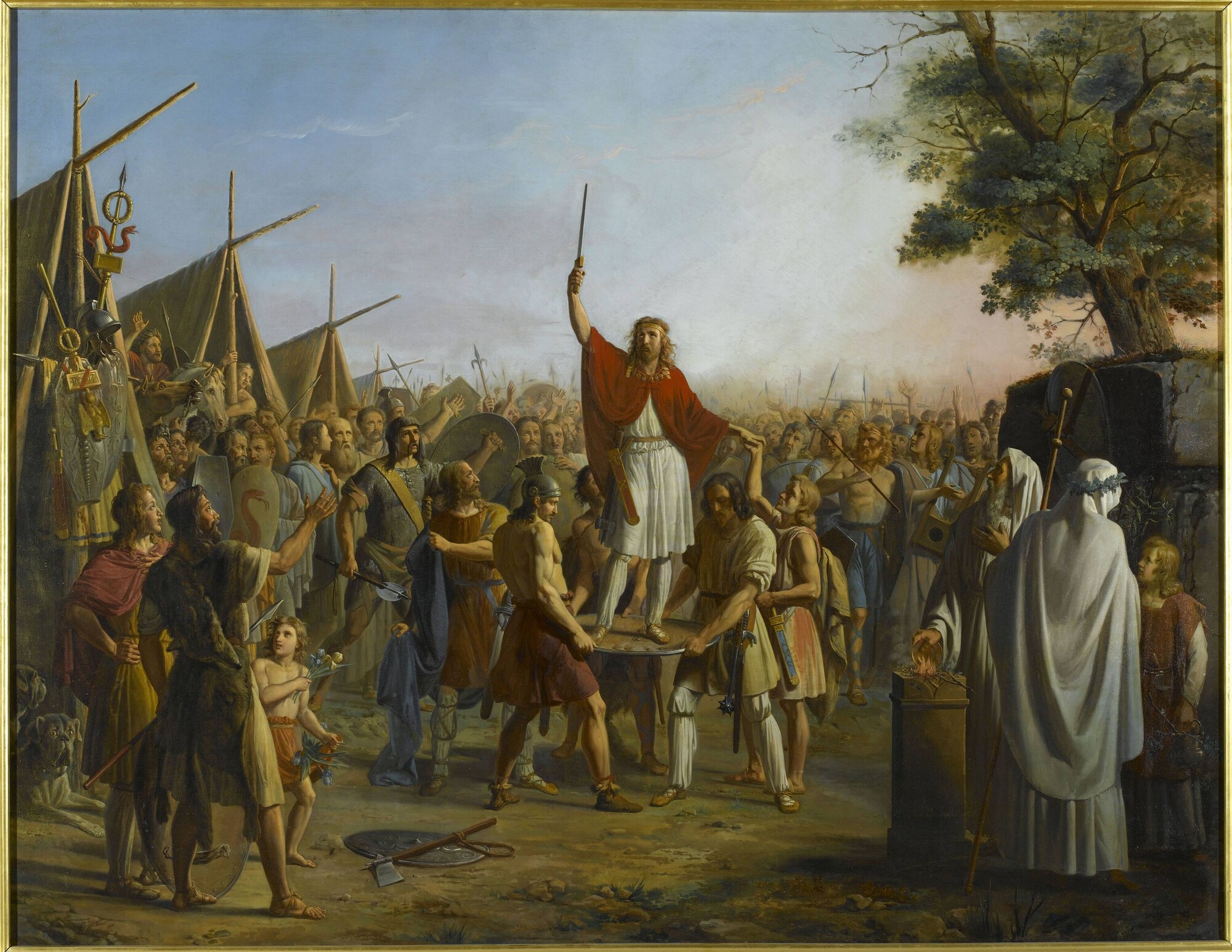 Pharamond raised on the shield by Frankish warriors