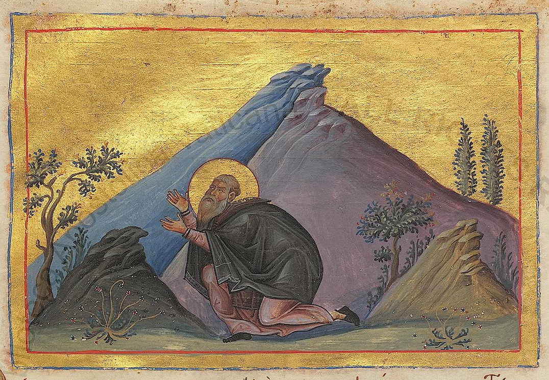 Hilarion the Great, from the Menologion of Basil II, c. 1000 (Vatican Library)