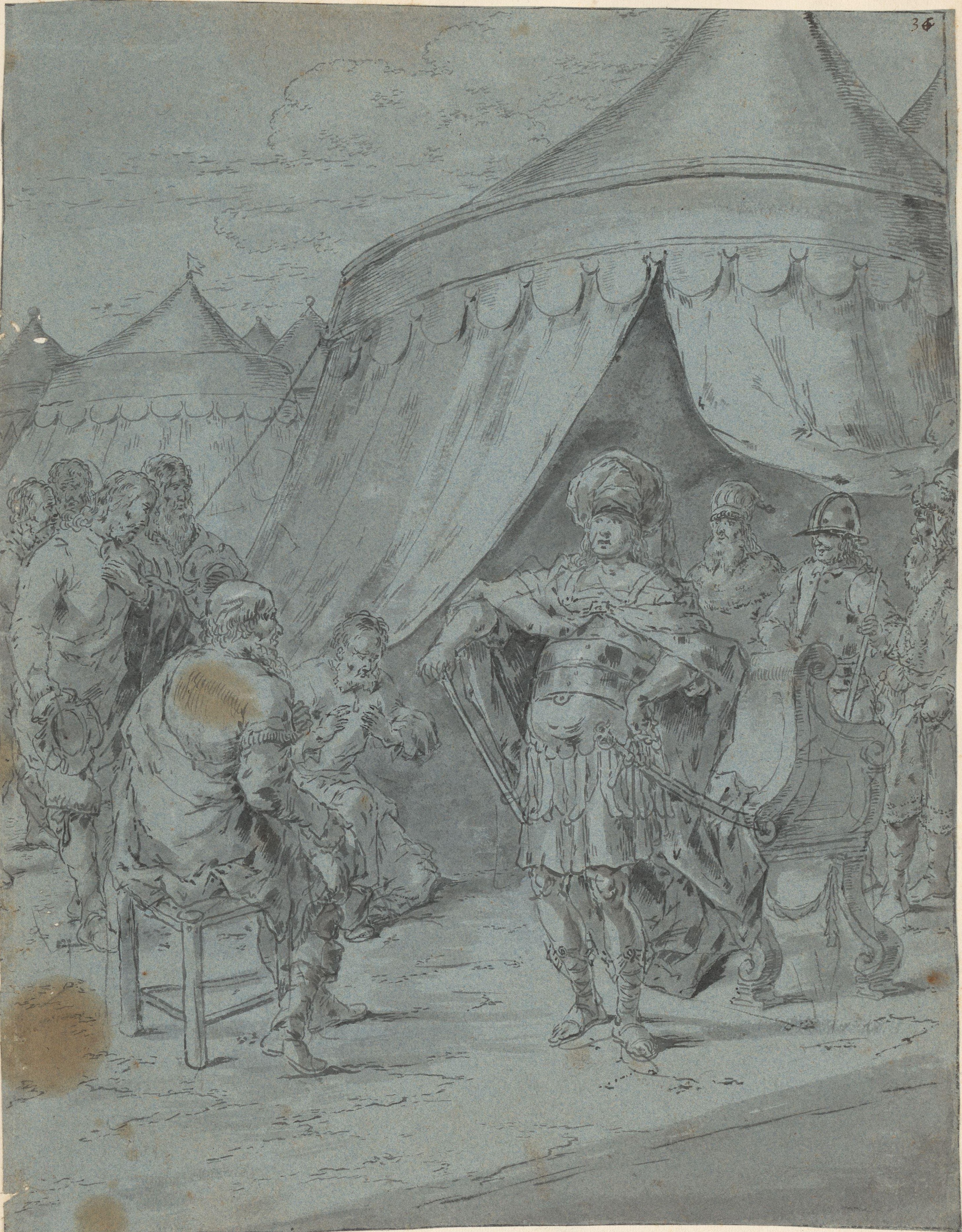 Alexander the Great stands to the right of center and listens to an older ambassador opposite him Leonaert Bramer