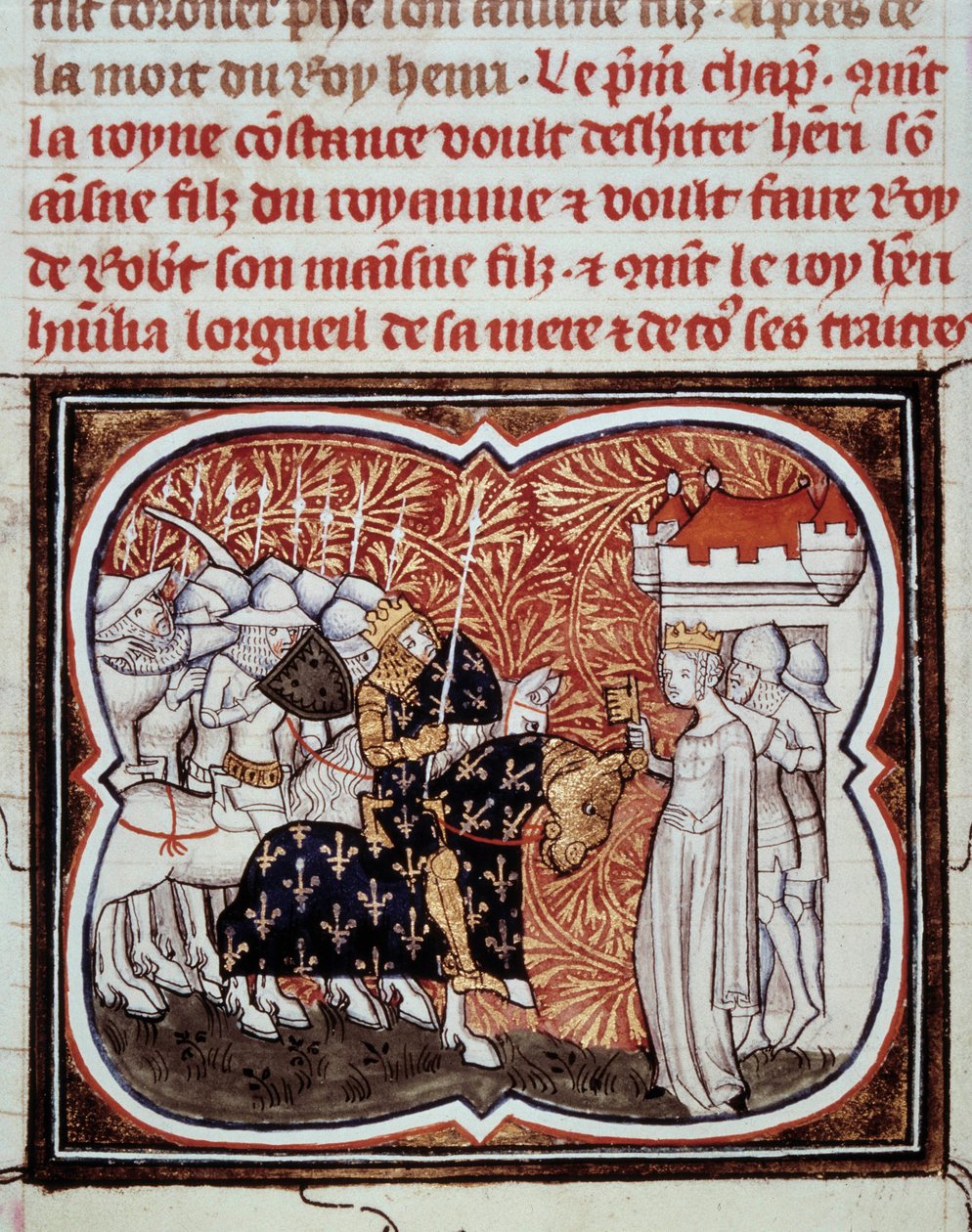 Queen Constance of Arles surrenders to her son Henry I King of France. Miniature from Les Grandes Chroniques de France by Jean Fouquet