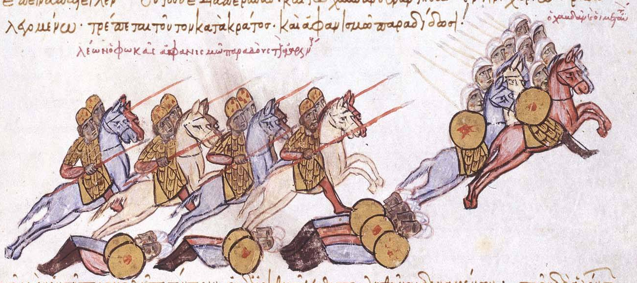 Byzantine cavalry chasing Muslim horsemen or Leo Phokas defeats Hambdan at Adrassos