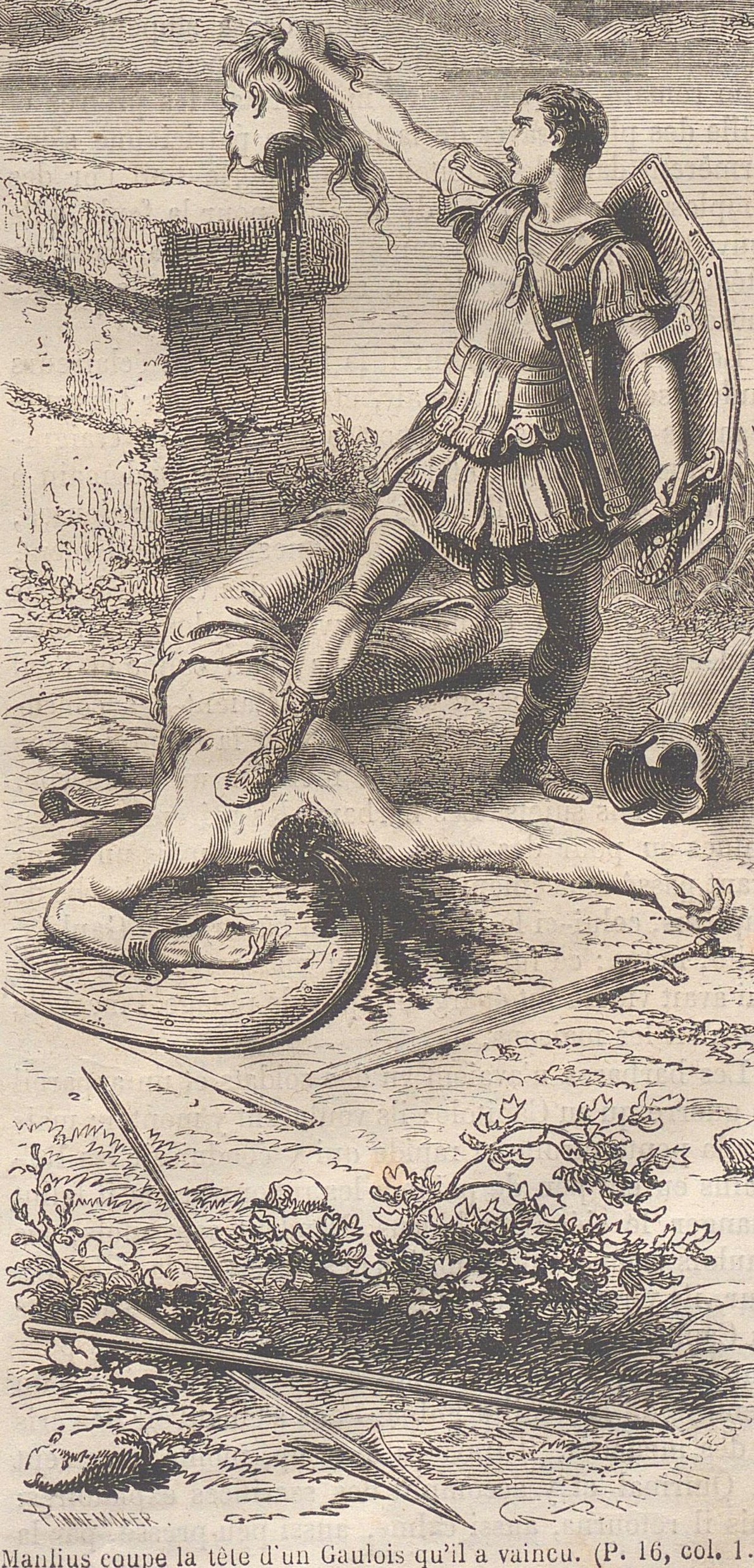Manlius cuts off the head of a Gaul whom he has conquered