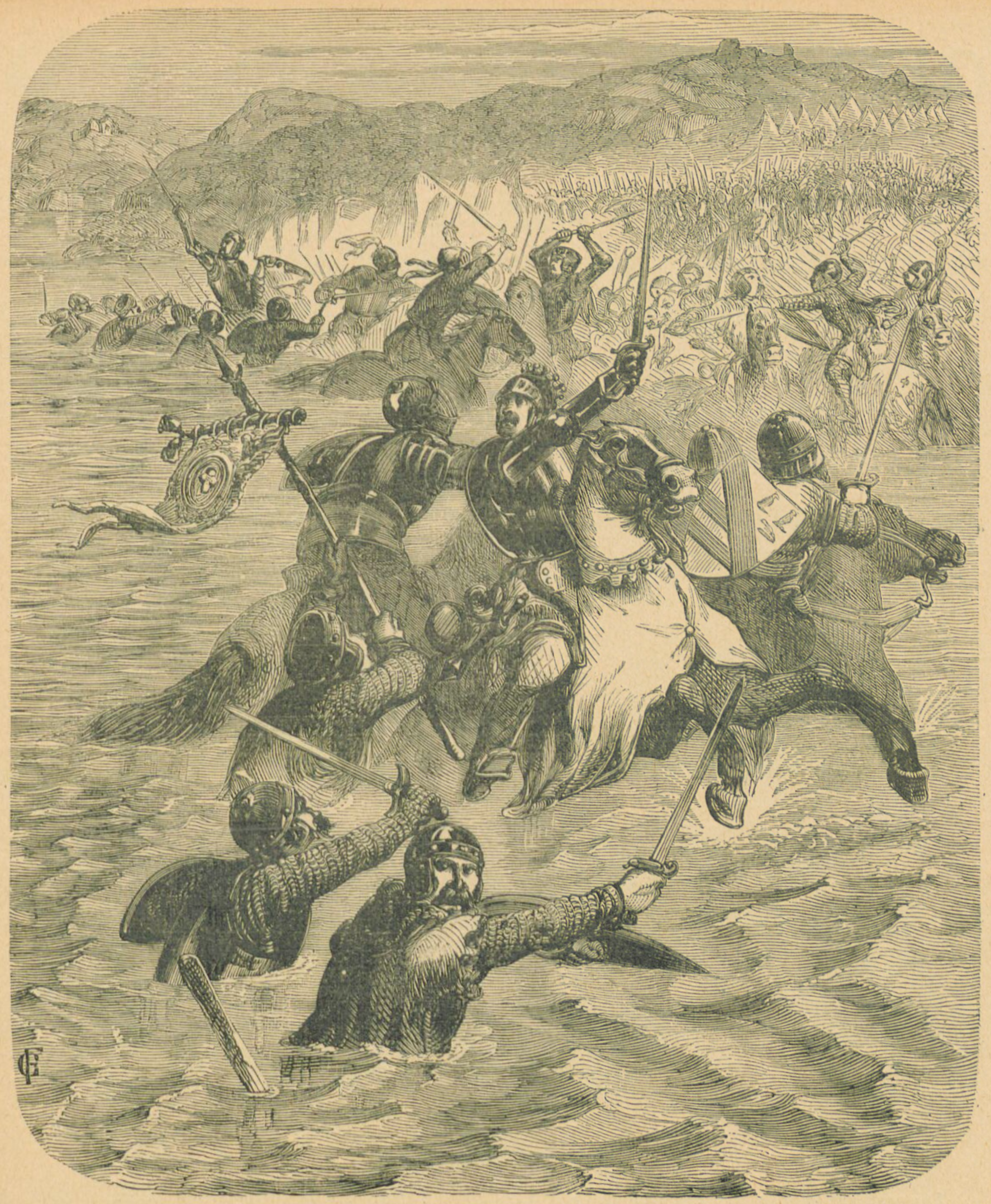 Battle of Blanchetaque (crossing the Somme, engraving)