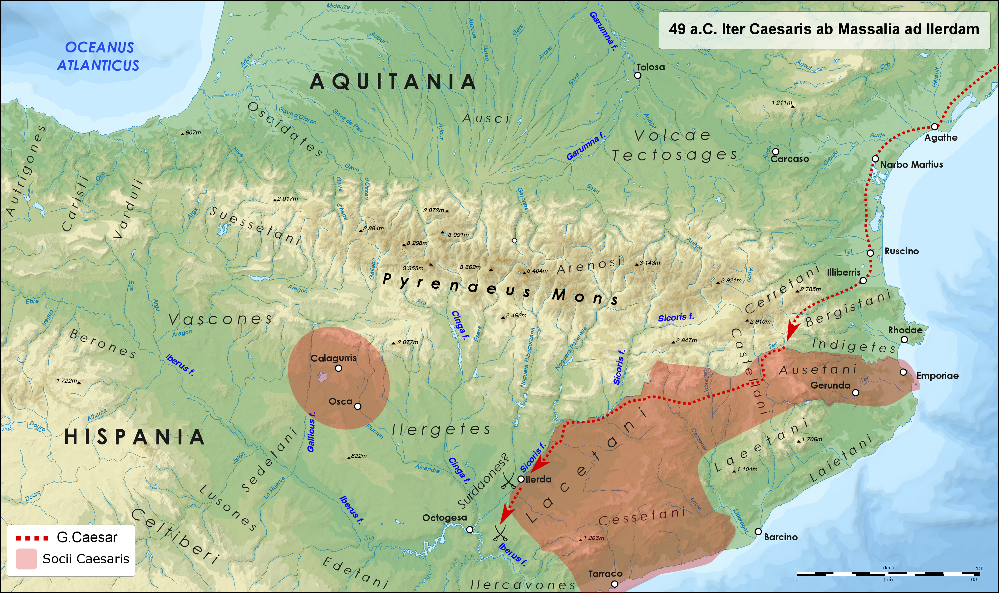 Caesar's march into Spain in 49 BC and campaign of Ilerda where he managed to defeat Pompey, Afranius and Petreius