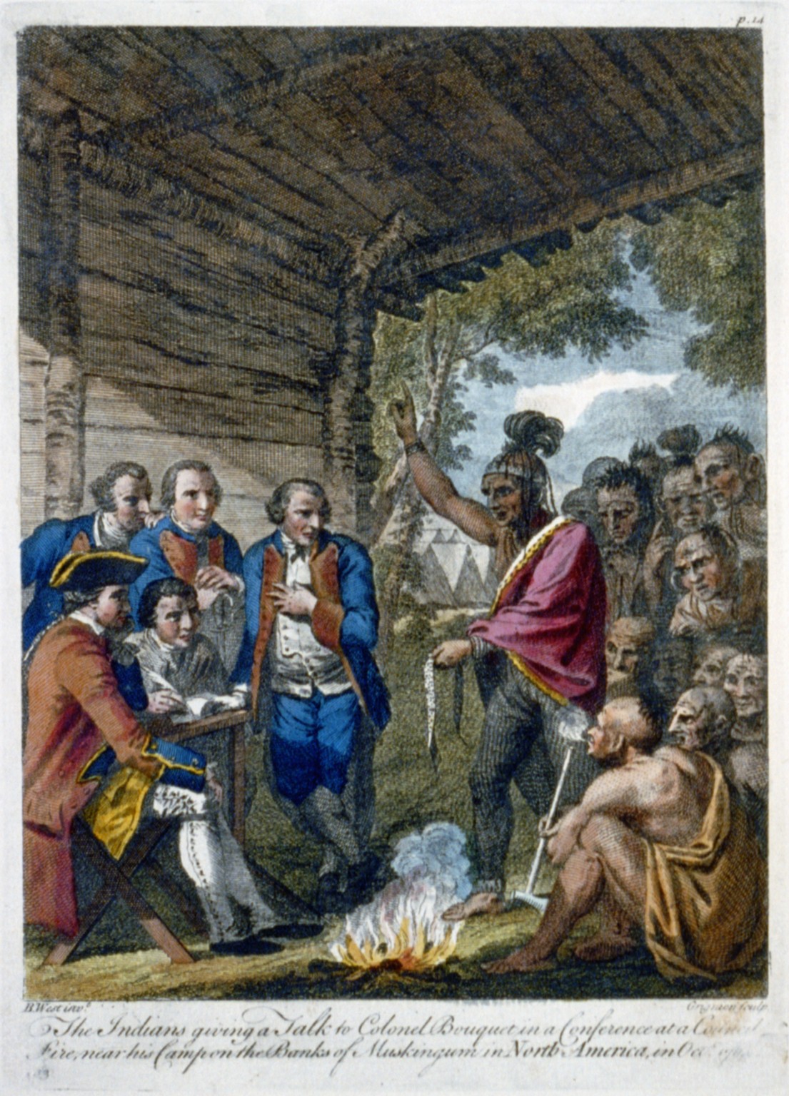 Natives giving a talk to Colonel Bouquet in a conference at a council fire, near his camp on the banks of Muskingum