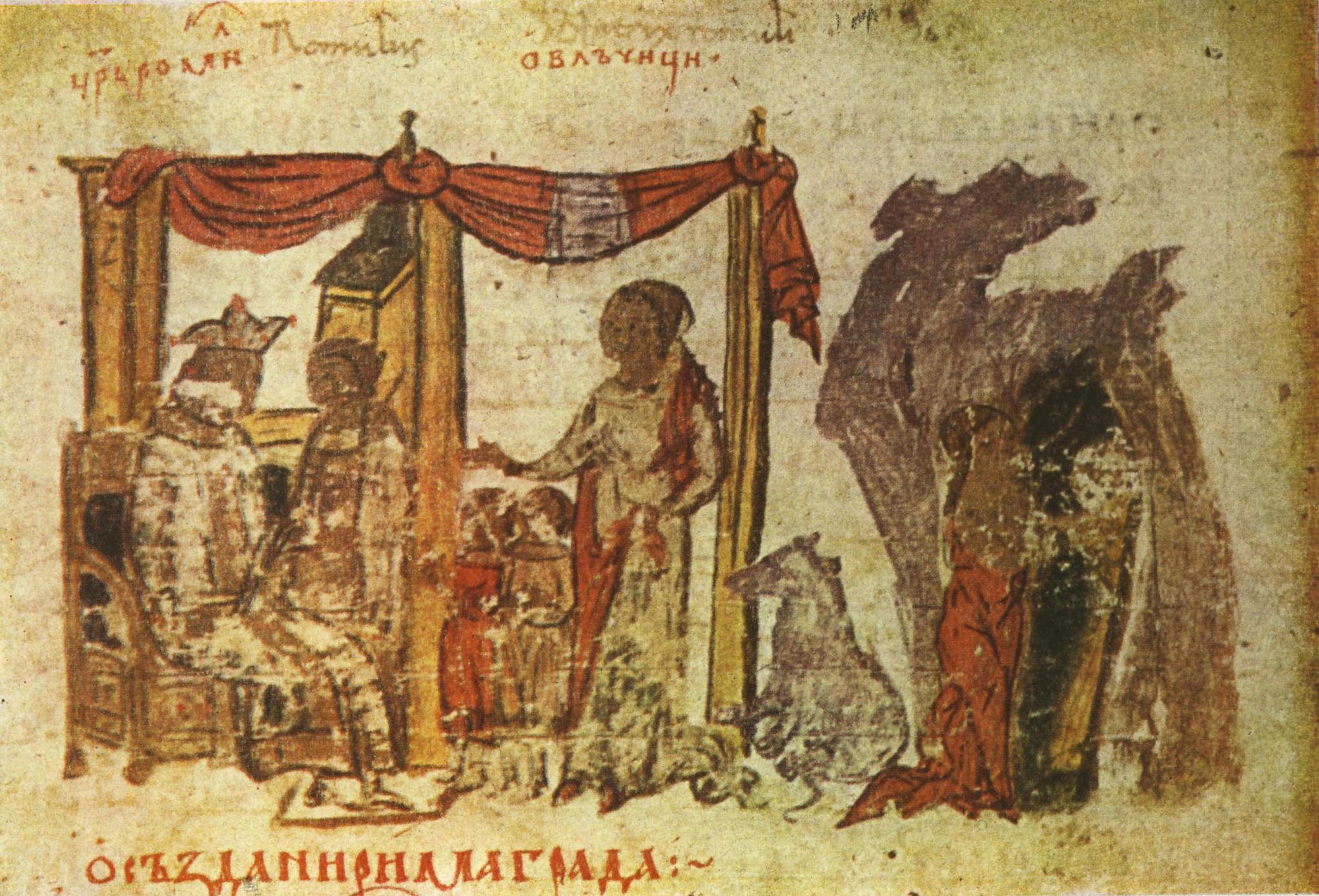 Rape of Numitor's daughter, arrival of Romulus and Remus to their grandfather Miniature 21 from the Constantine Manasses Chronicle