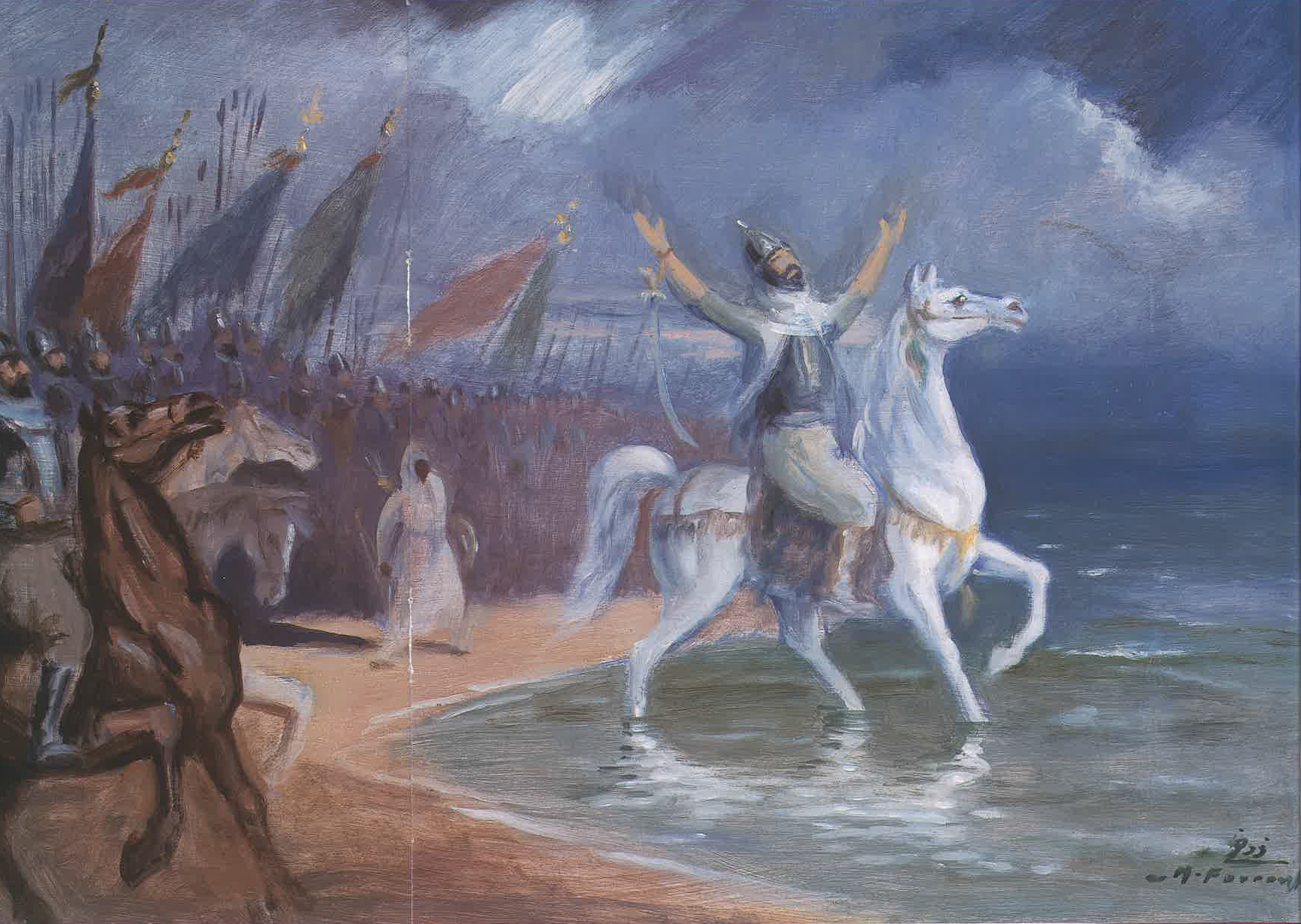 Oqba ben Nafi infront of the Atlantic