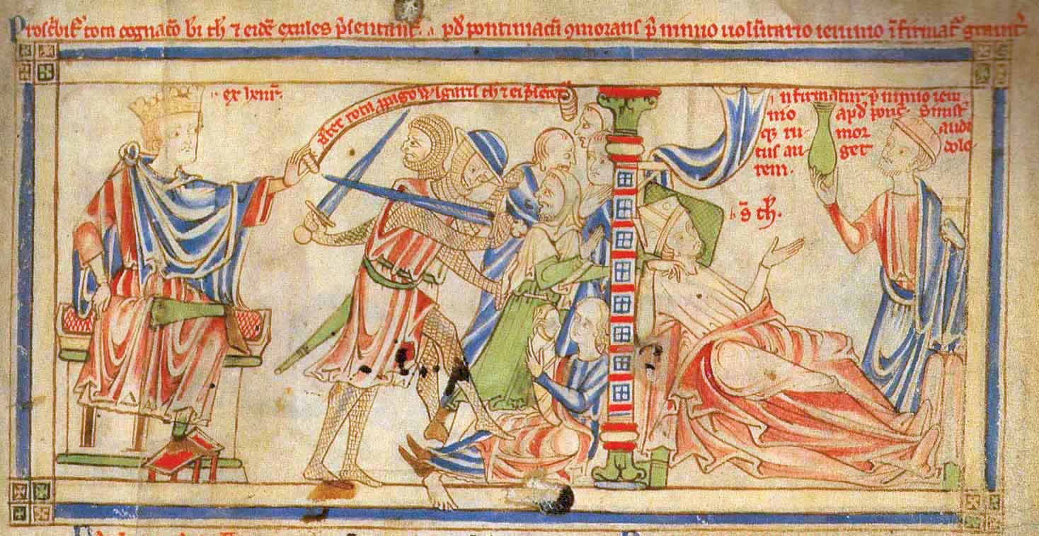 Henry II banishes all Thomas Becket's people, (Right) Becket lies sick at Pontigny Abbey after excessive fasting