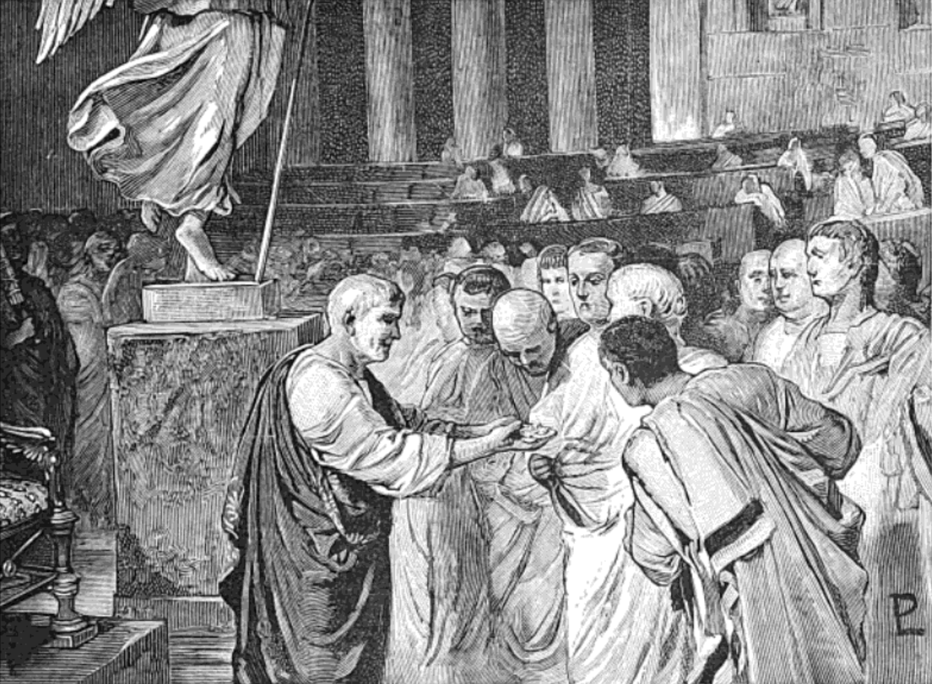 Vespasian brings to the Senate money collected from urine tax