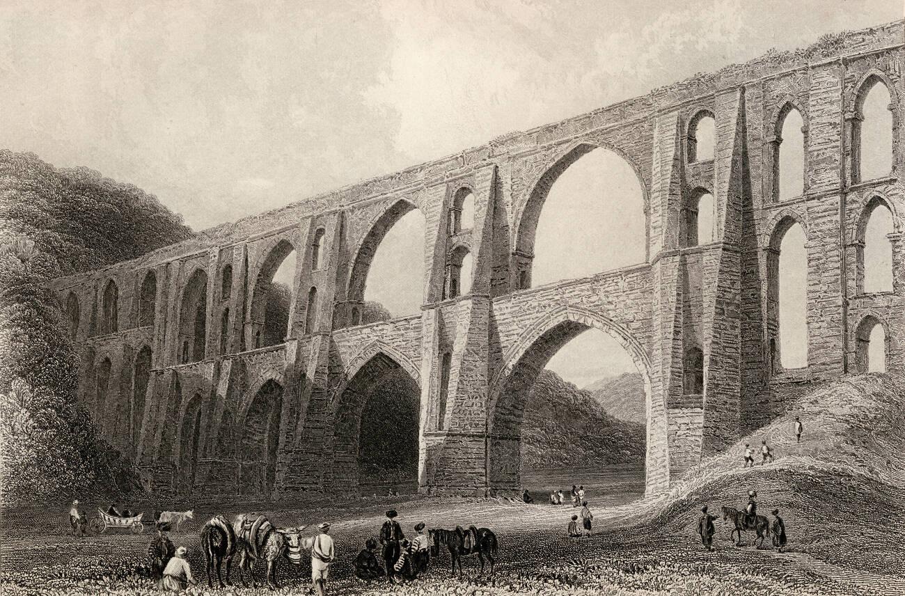 Aqueduct of the Emperor Valens near Pyrgo, Turkey. Engraved by R Wallis after W H Bartlett