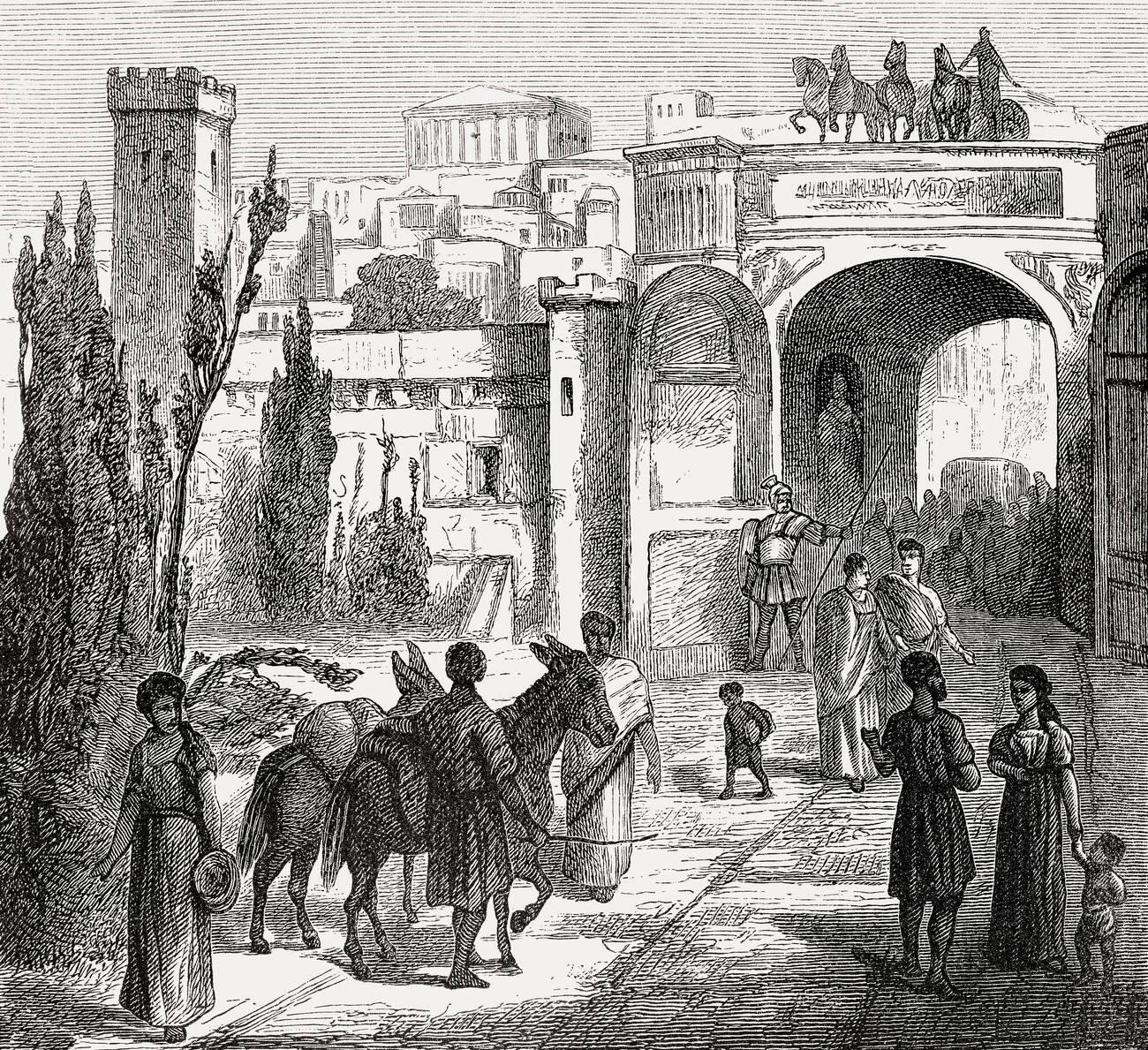 Port Gate to the Tyrrhenian Sea, ancient Roman city of Pompeii Reconstructed