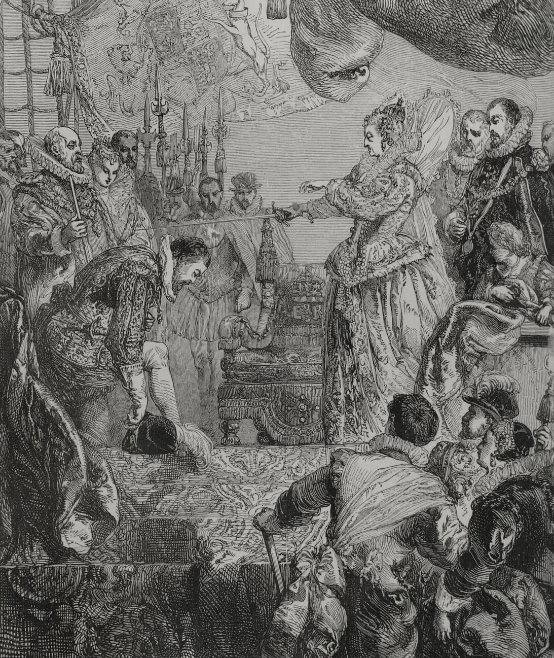 Queen Elizabeth I knighting Francis Drake on the Deck of the Golden Hind