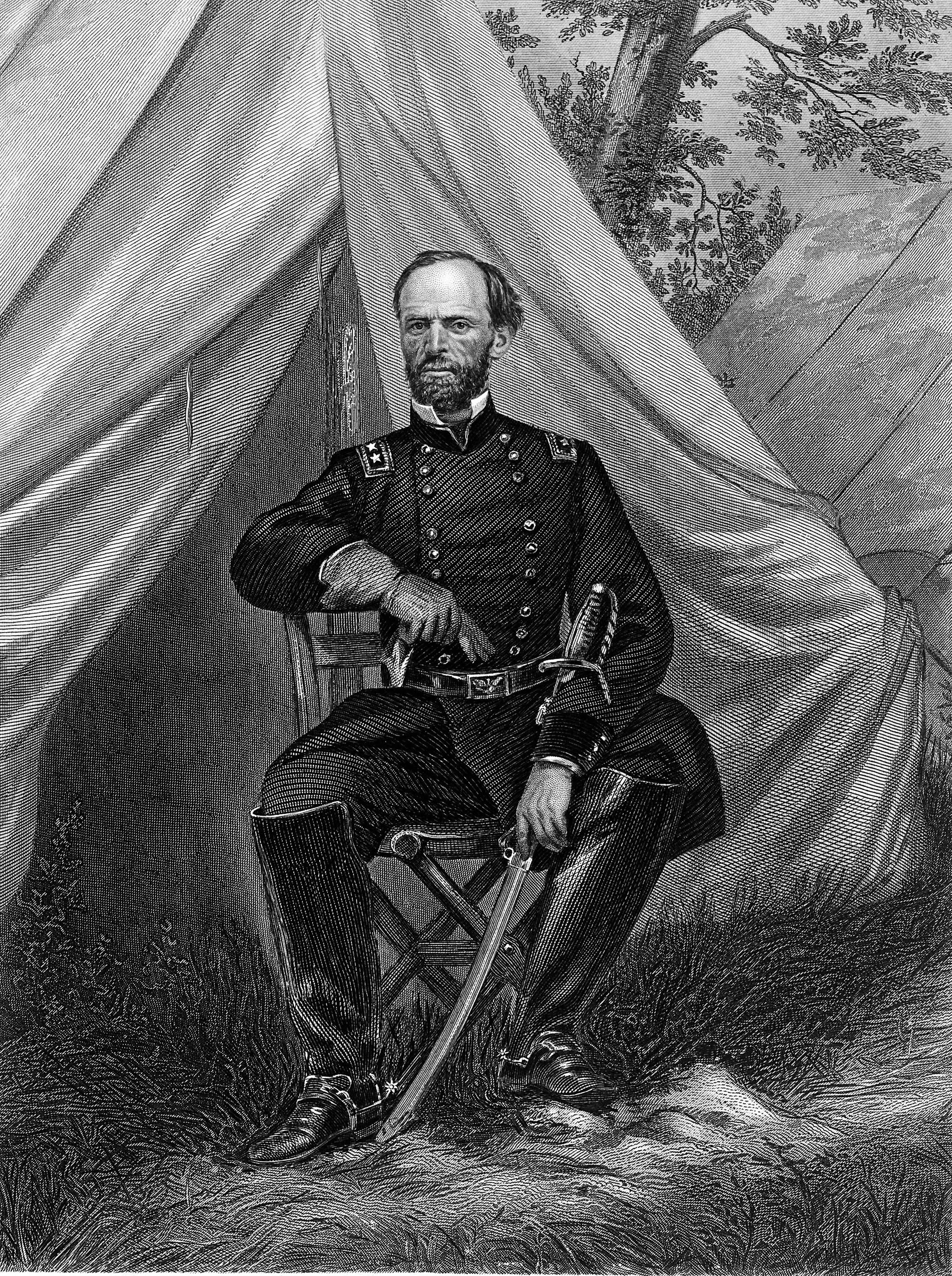Union General Sherman during the Civil War, seated, next to a tent Philip Henry Sheridan