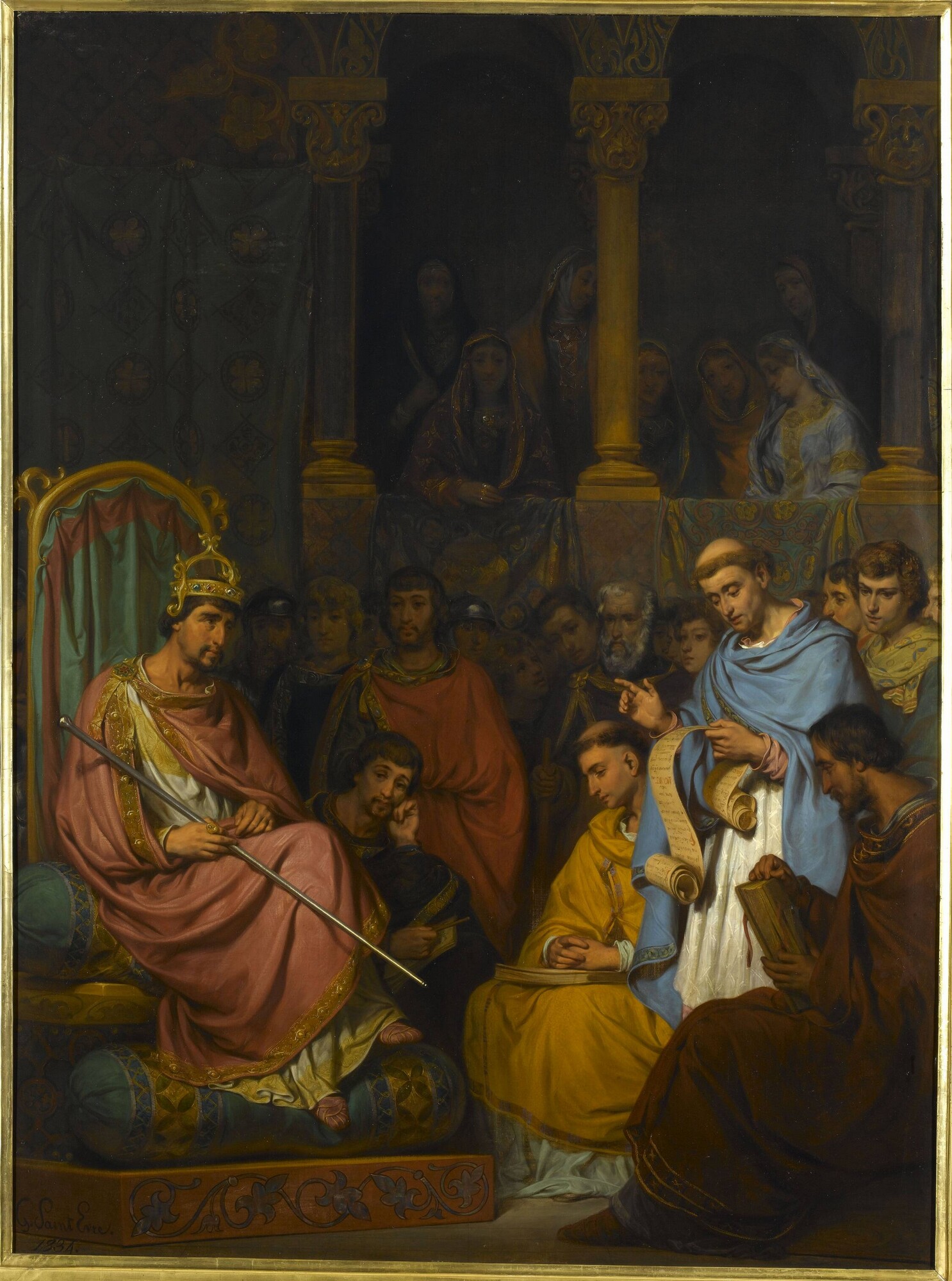 Charlemagne over work of scholars he has called to him to teach in the schools