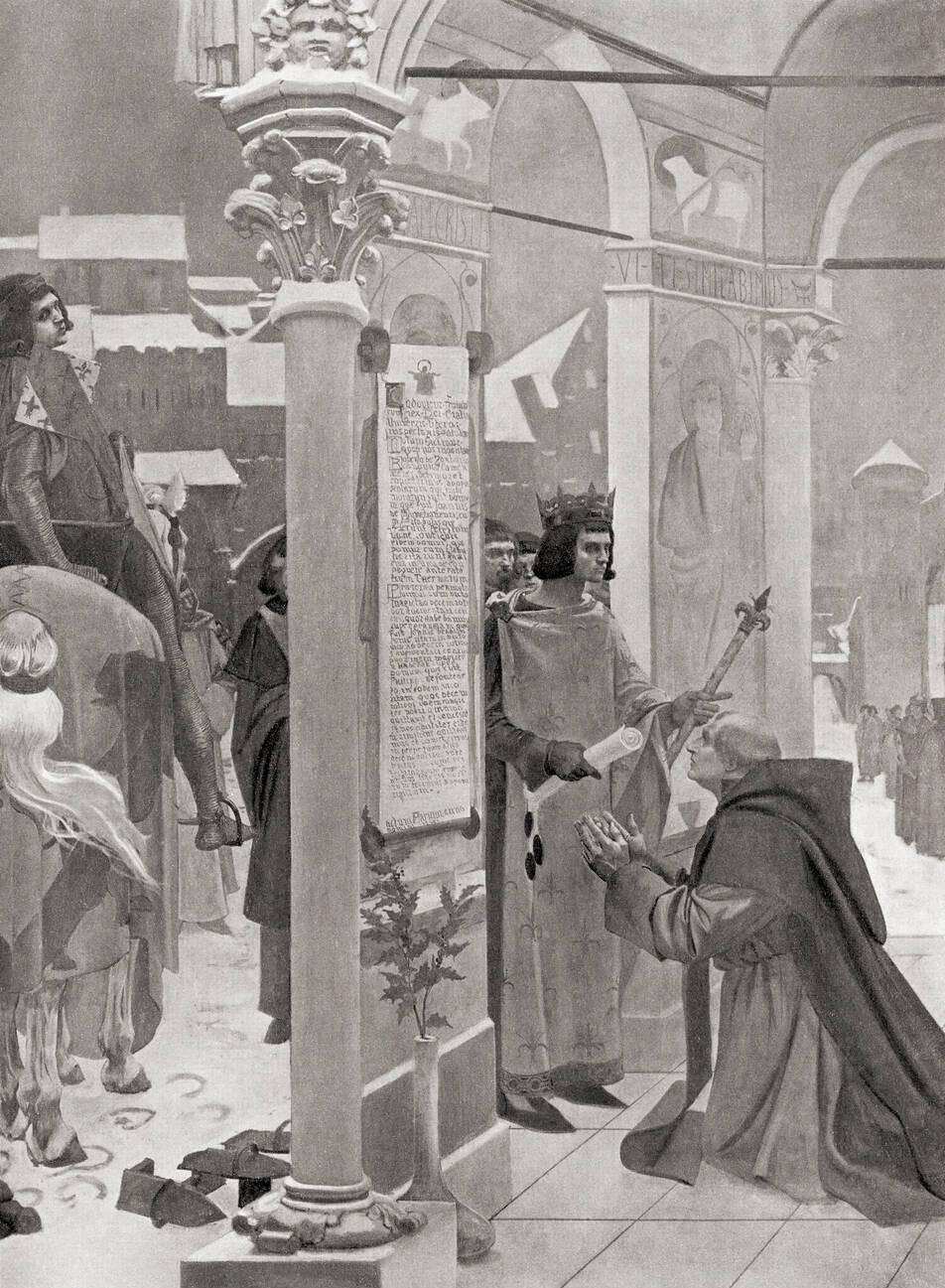 Saint Louis. King of France presenting the charter for the foundation of the Sorbonne University to Robert de Sorbon