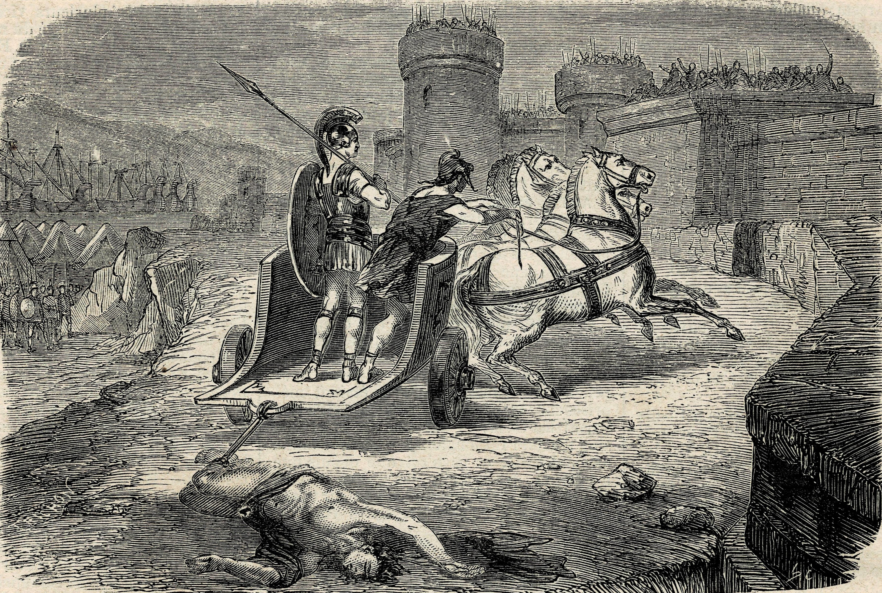 Achilles dragging Hector's body around the walls of Troy