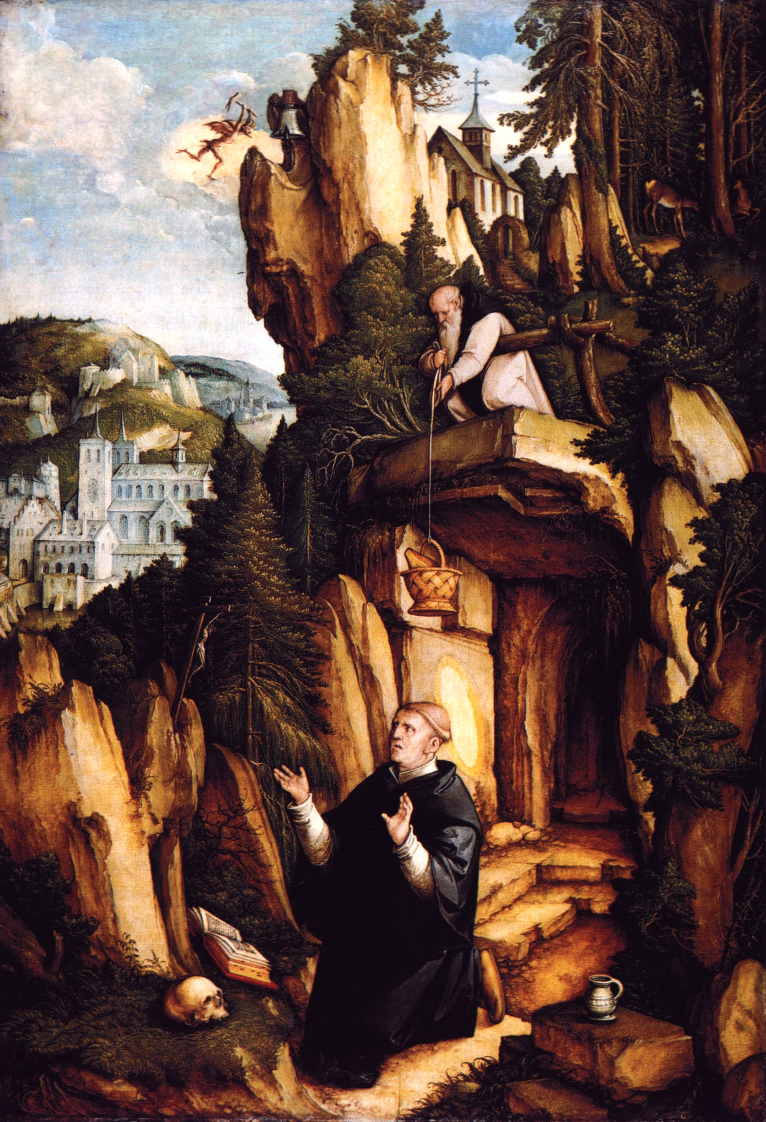 Saint Benedict of Nursia in prayer before his cave