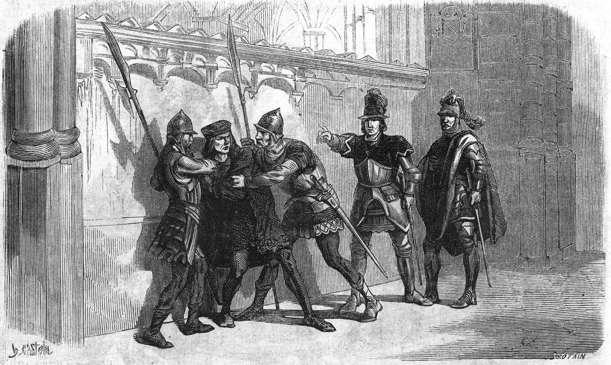 Arrest of the bastard of Rubempre under the reign of Louis XI. Engraving of the 19th century