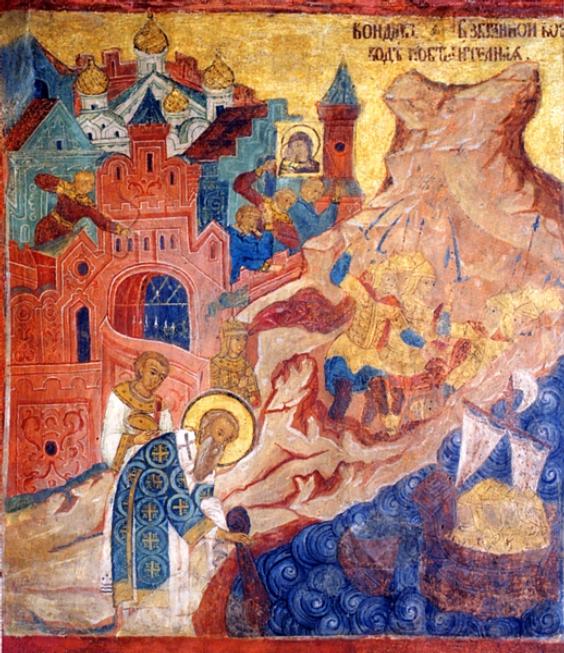 Miraculous salvation of Constantinople from the enemy invasion. Fresco from the Church of the Deposition of the Robe in the Moscow Kremlin.