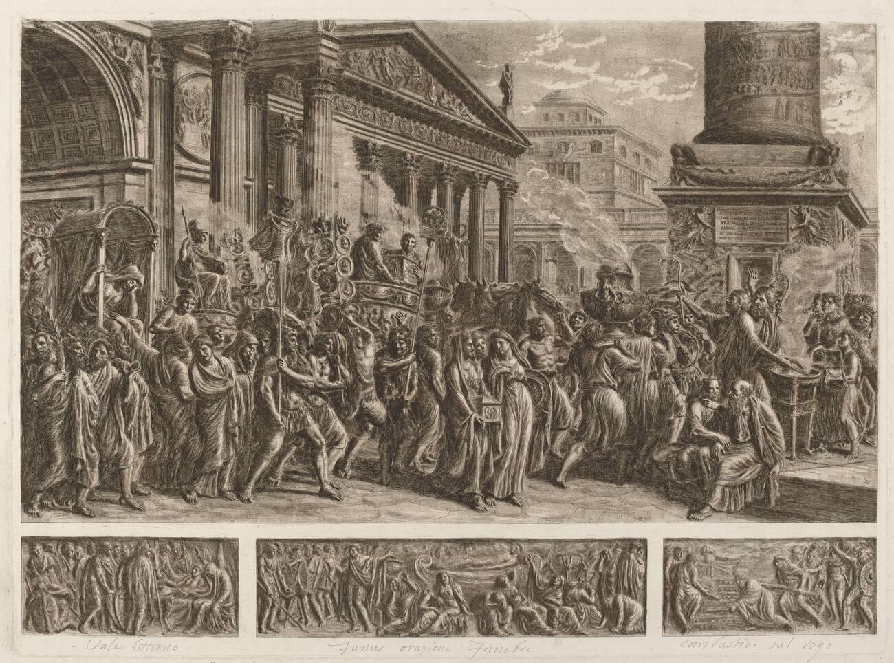 Ashes of Emperor Trajan being carried in a Roman triumphal procession