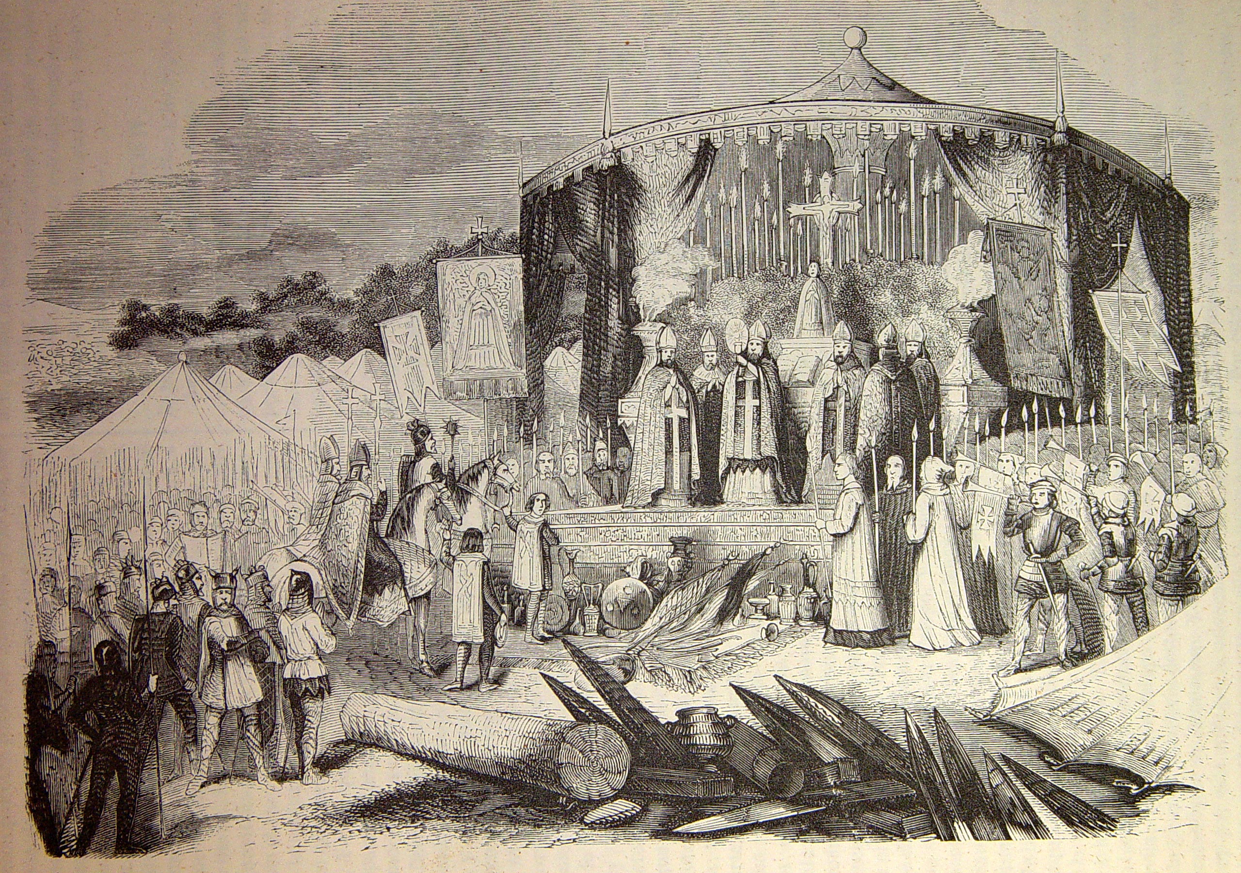Pelayo and the prelates and Spanish warriors give thanks to the Eternal on the battlefield of Covadonga