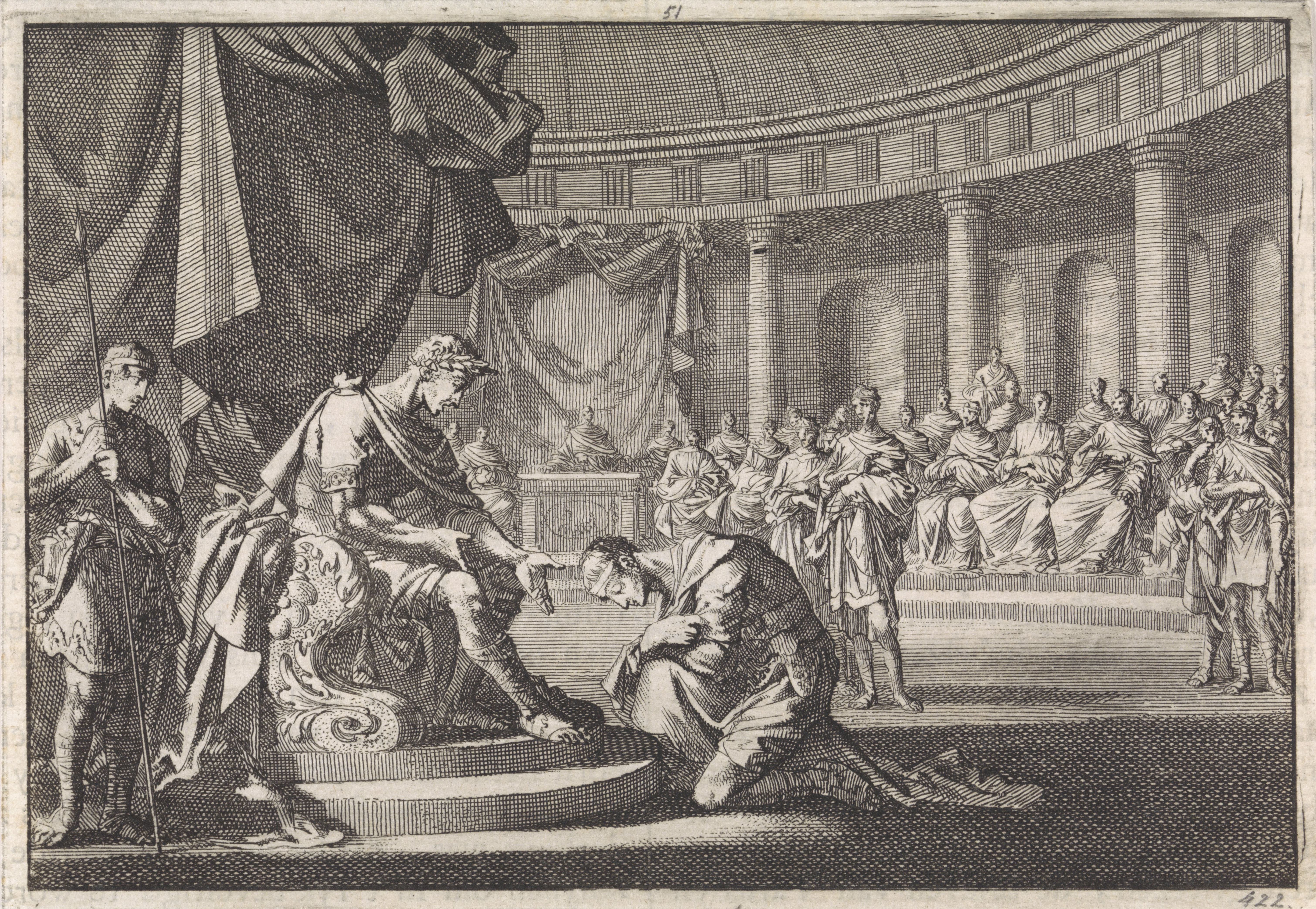 Archelaus, son of Herod, kneeling before Caesar Augustus in Rome