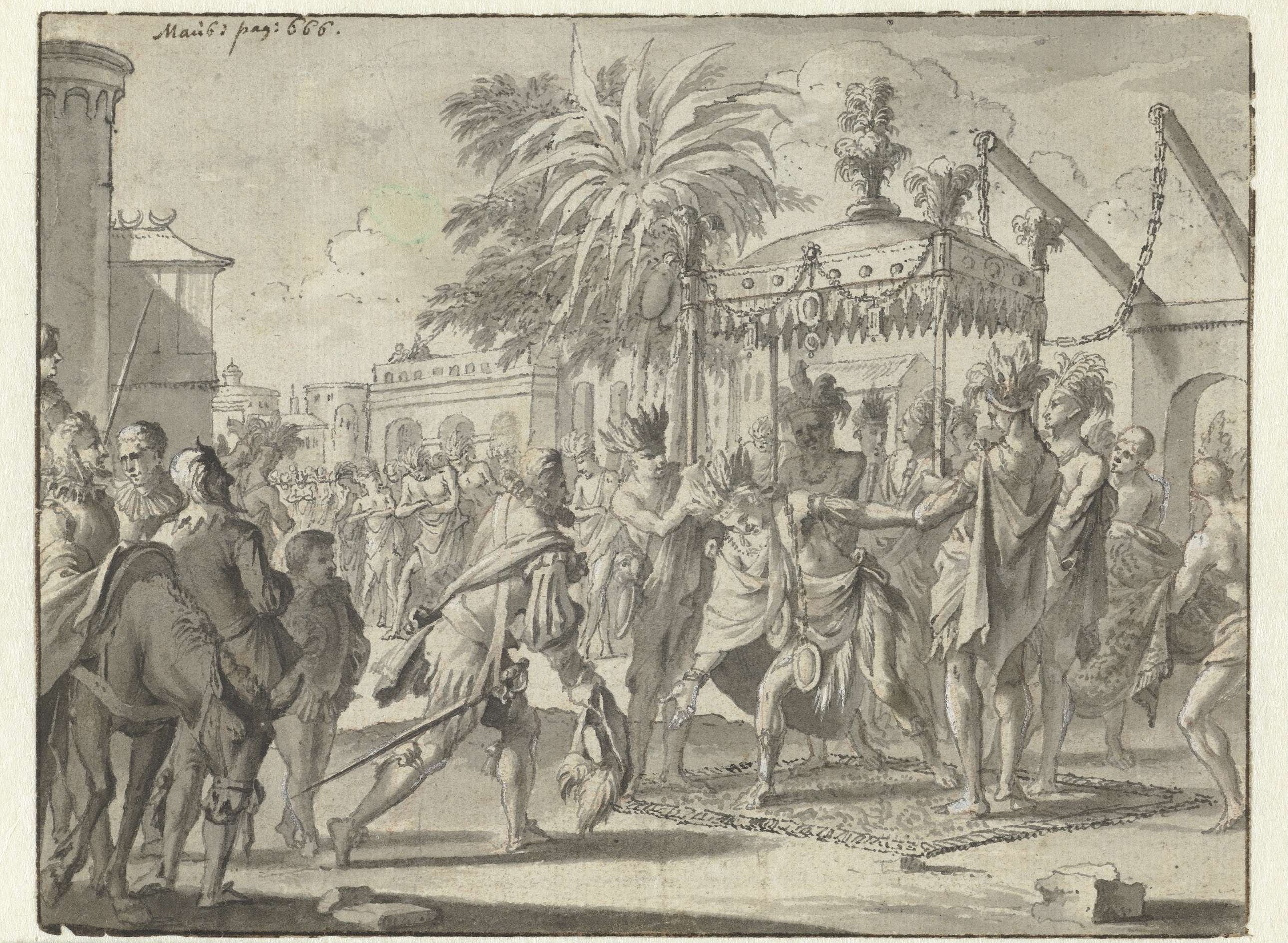 Hernán Cortés is received by Montezuma.