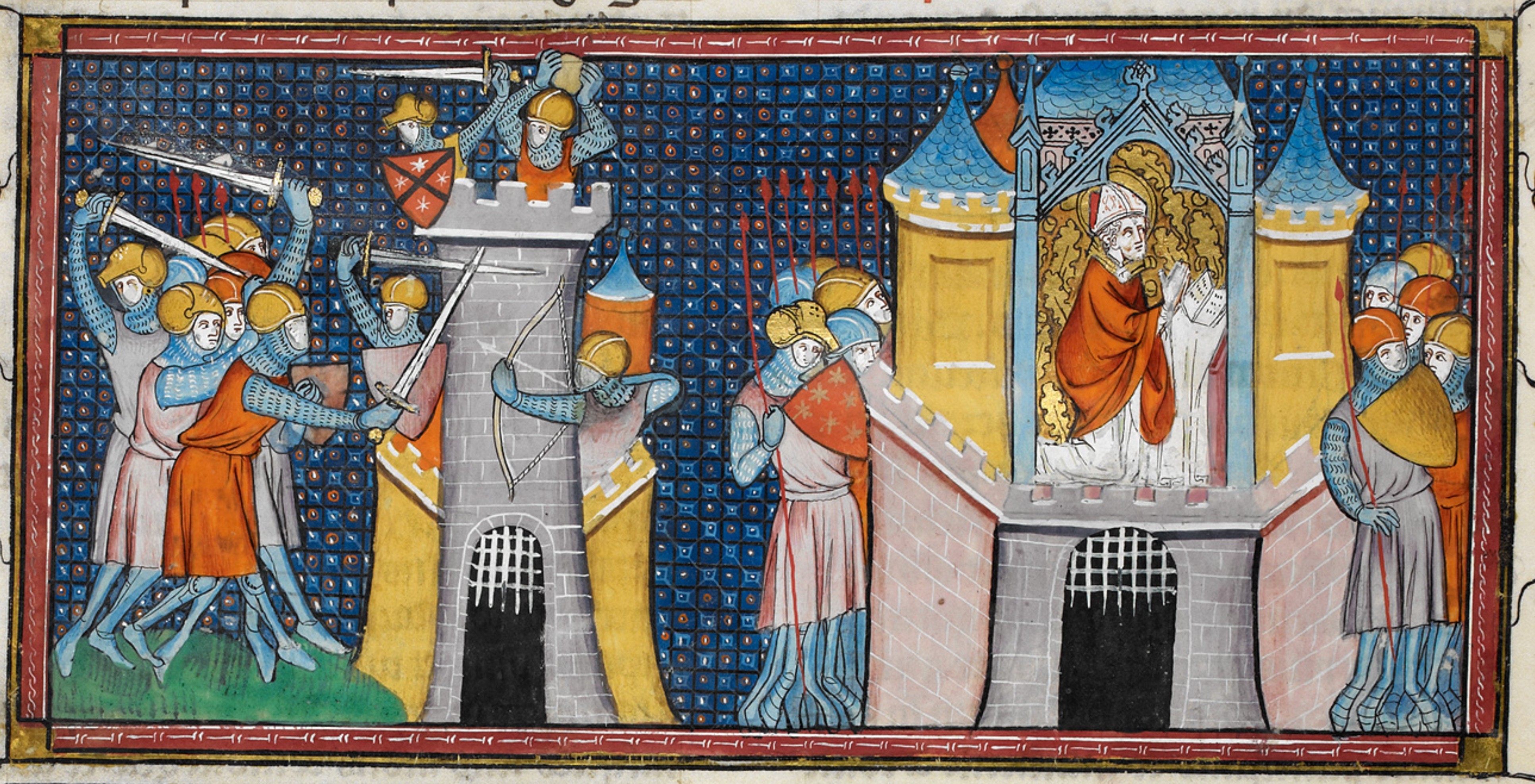 Huns sacking Orleans, Agnan's prayer, from Chroniques de France ou de St Denis, 14th century